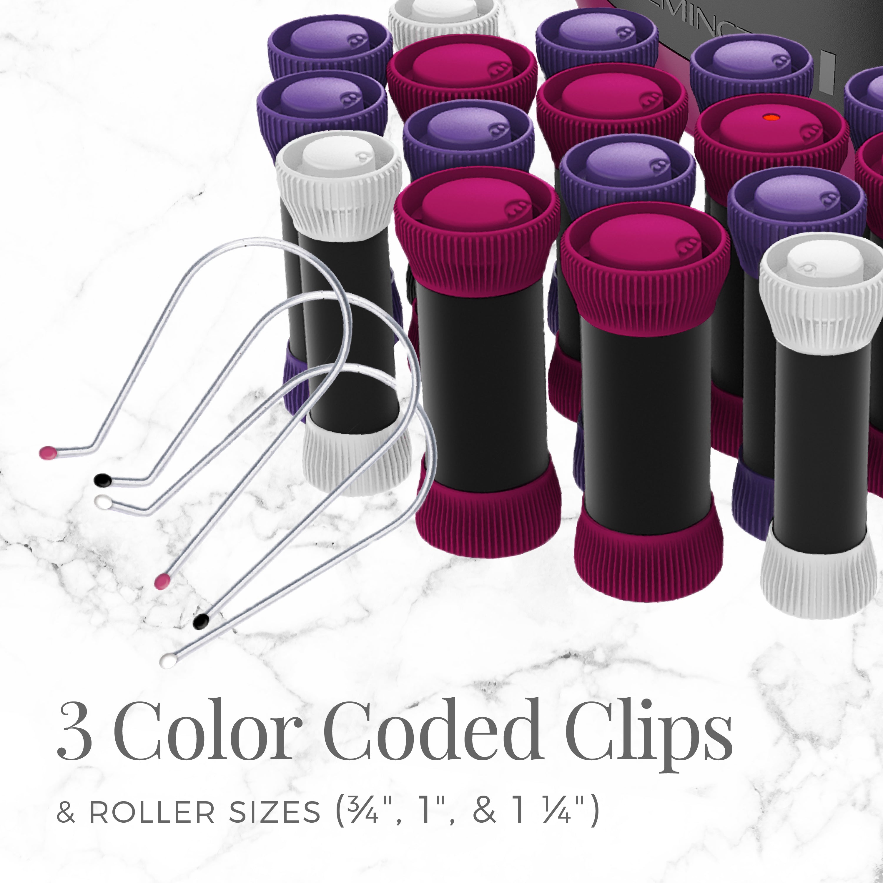 Set of 3 color coded hair clips and rollers on a marble background