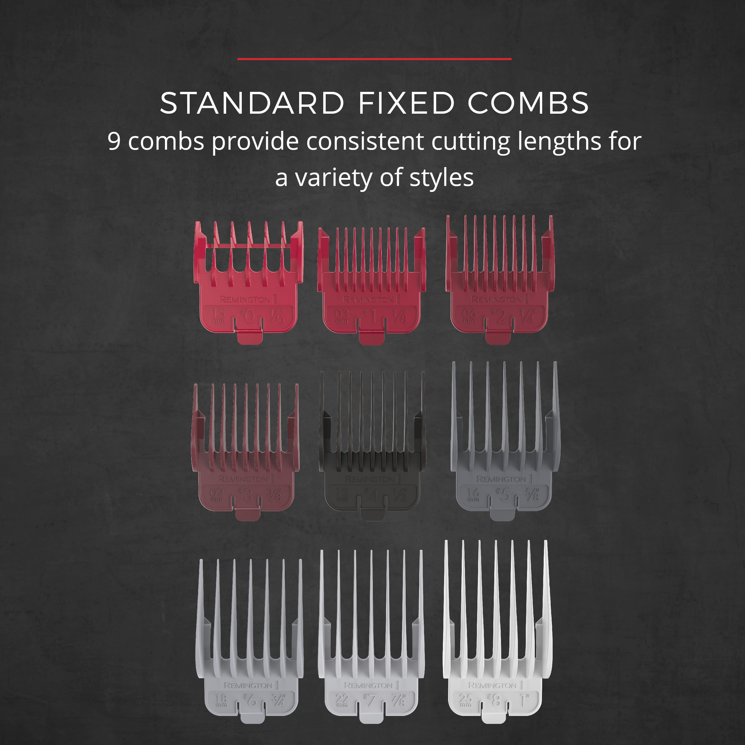 Set of standard fixed combs on a dark background with text describing their use.