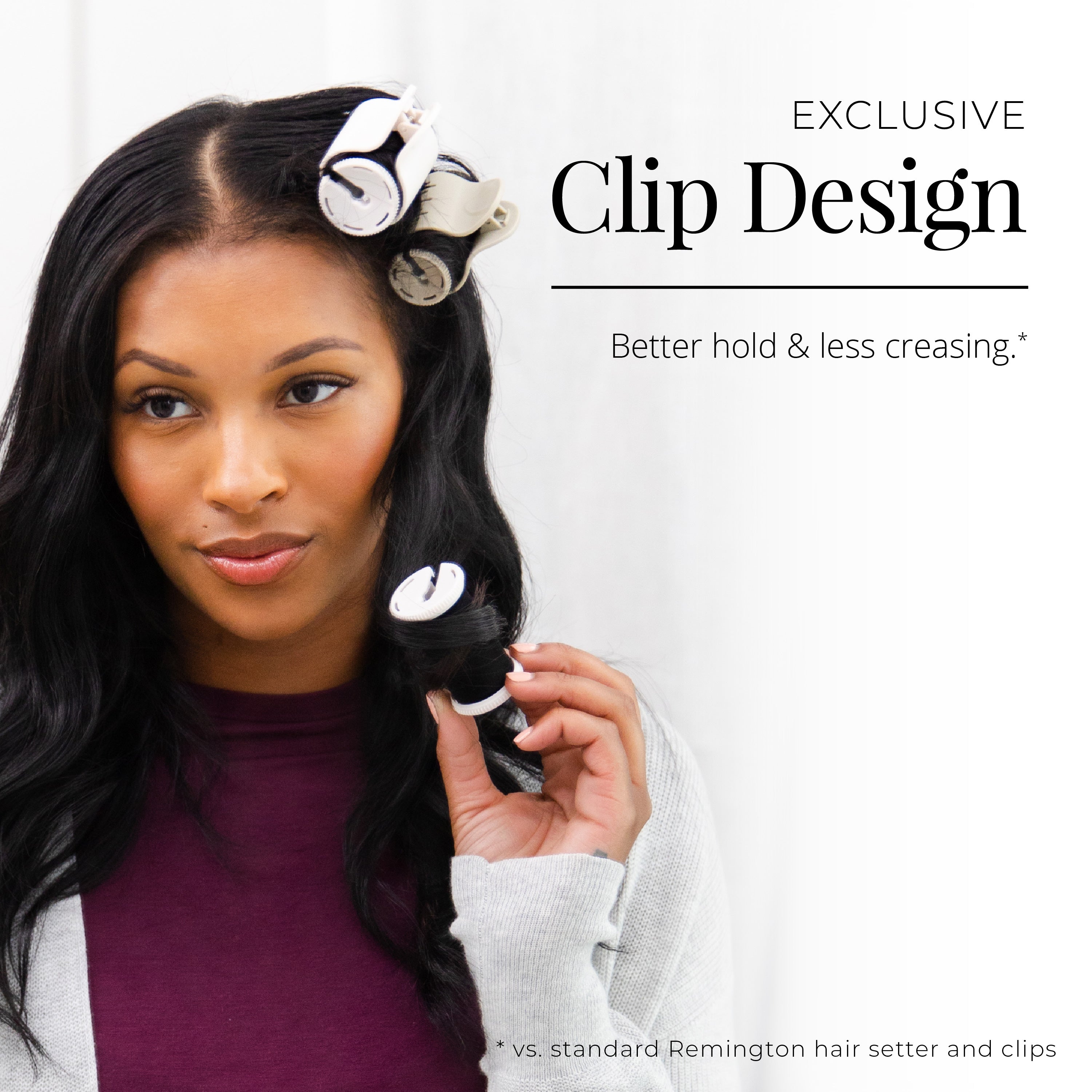 Woman with hair in rollers using an exclusive clip design against a white background