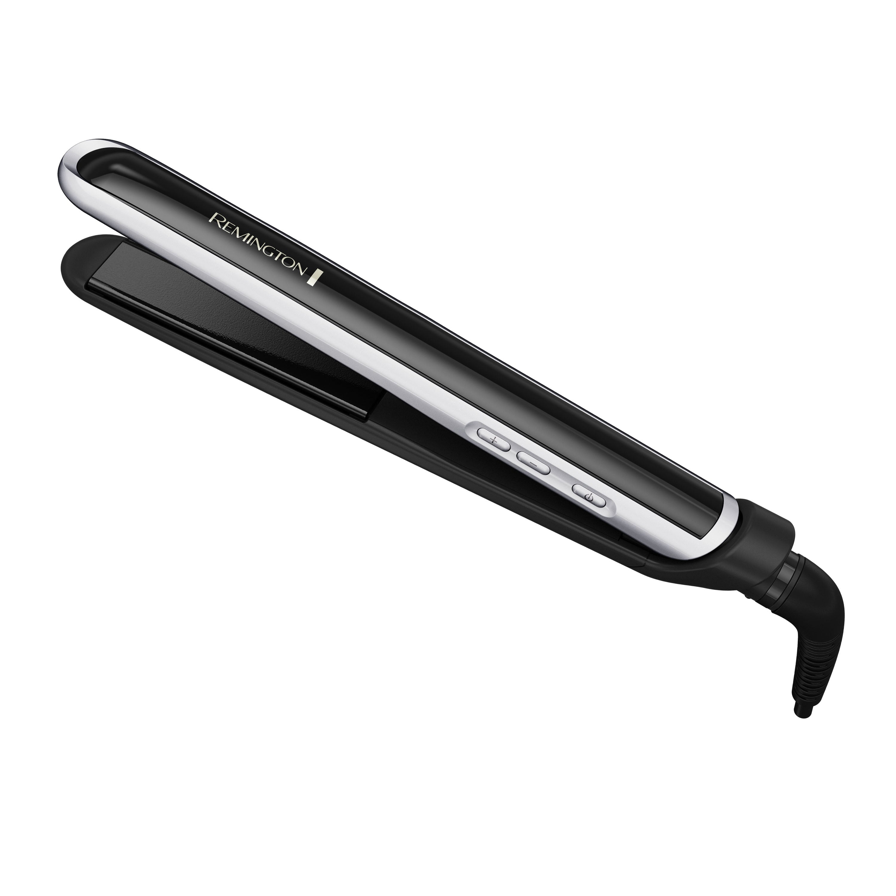 Black and silver Remington hair straightener on a white background