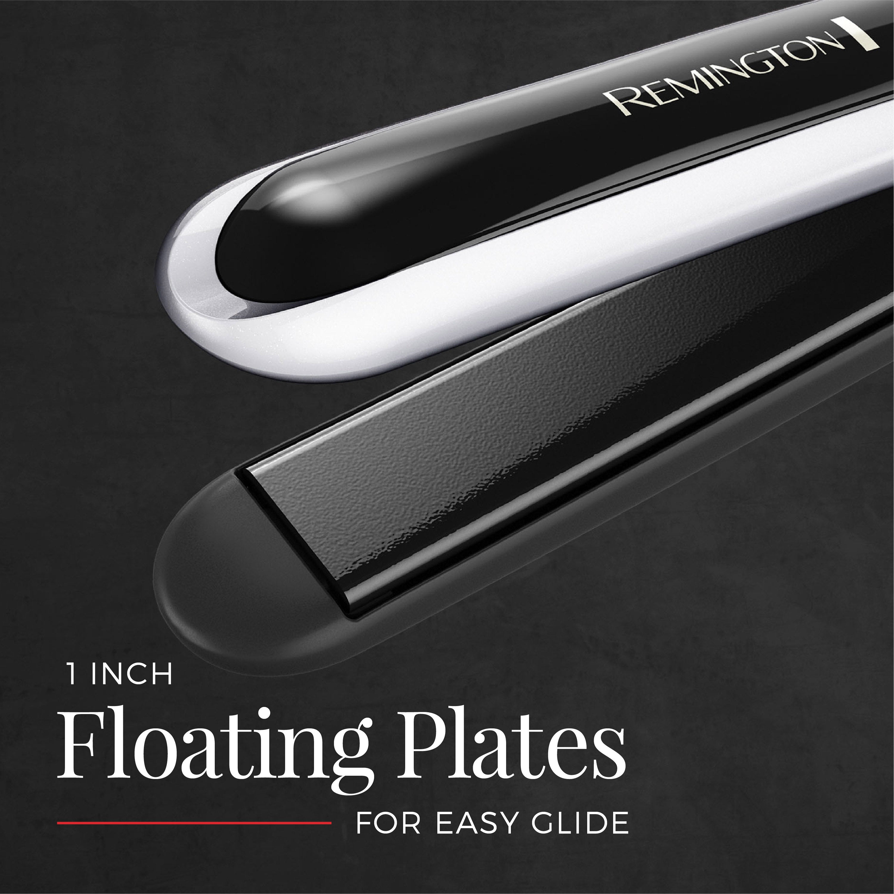 Remington hair straightener with '1 Inch Floating Plates' text on a dark background