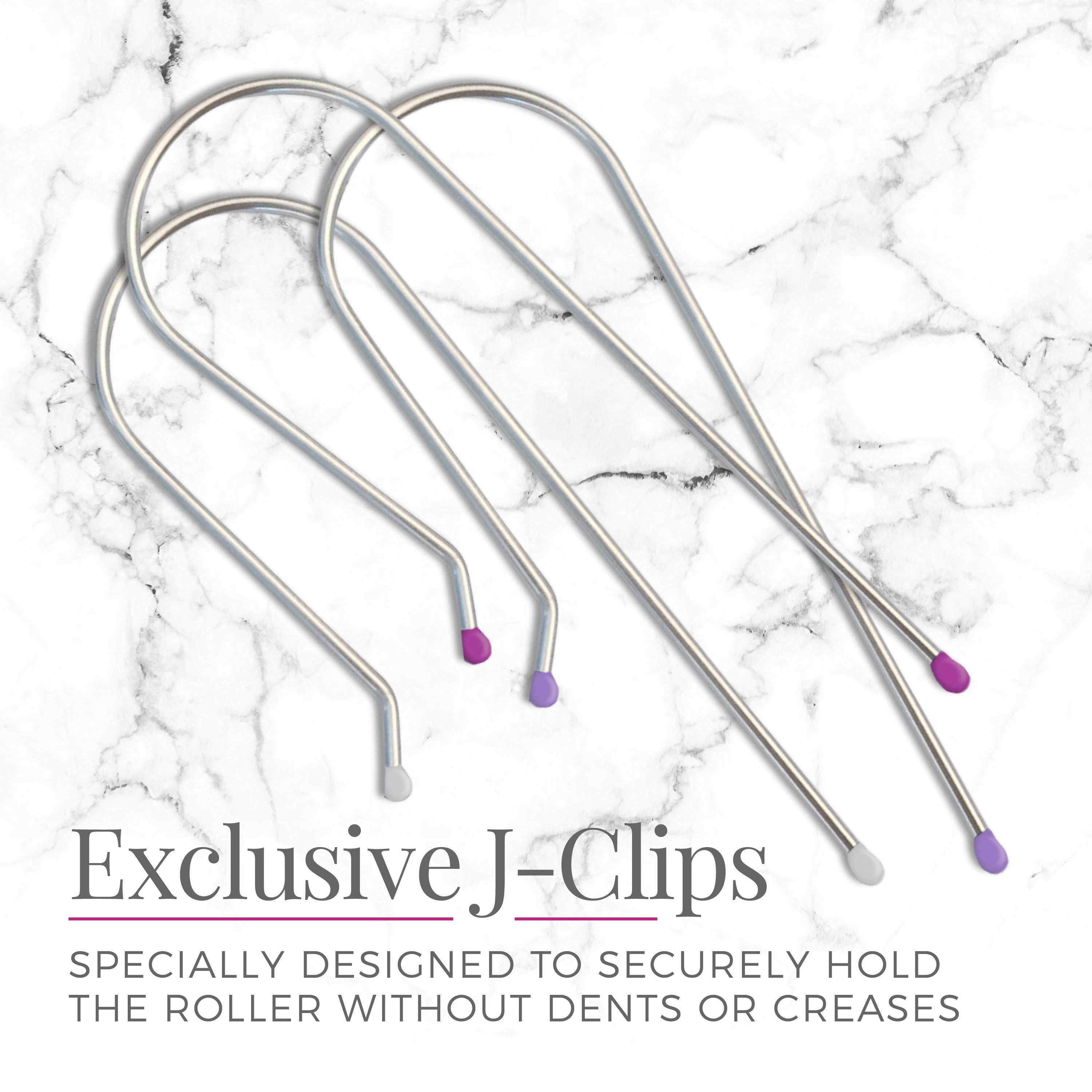 Metal J-clips on a marble background with text about their design and function.