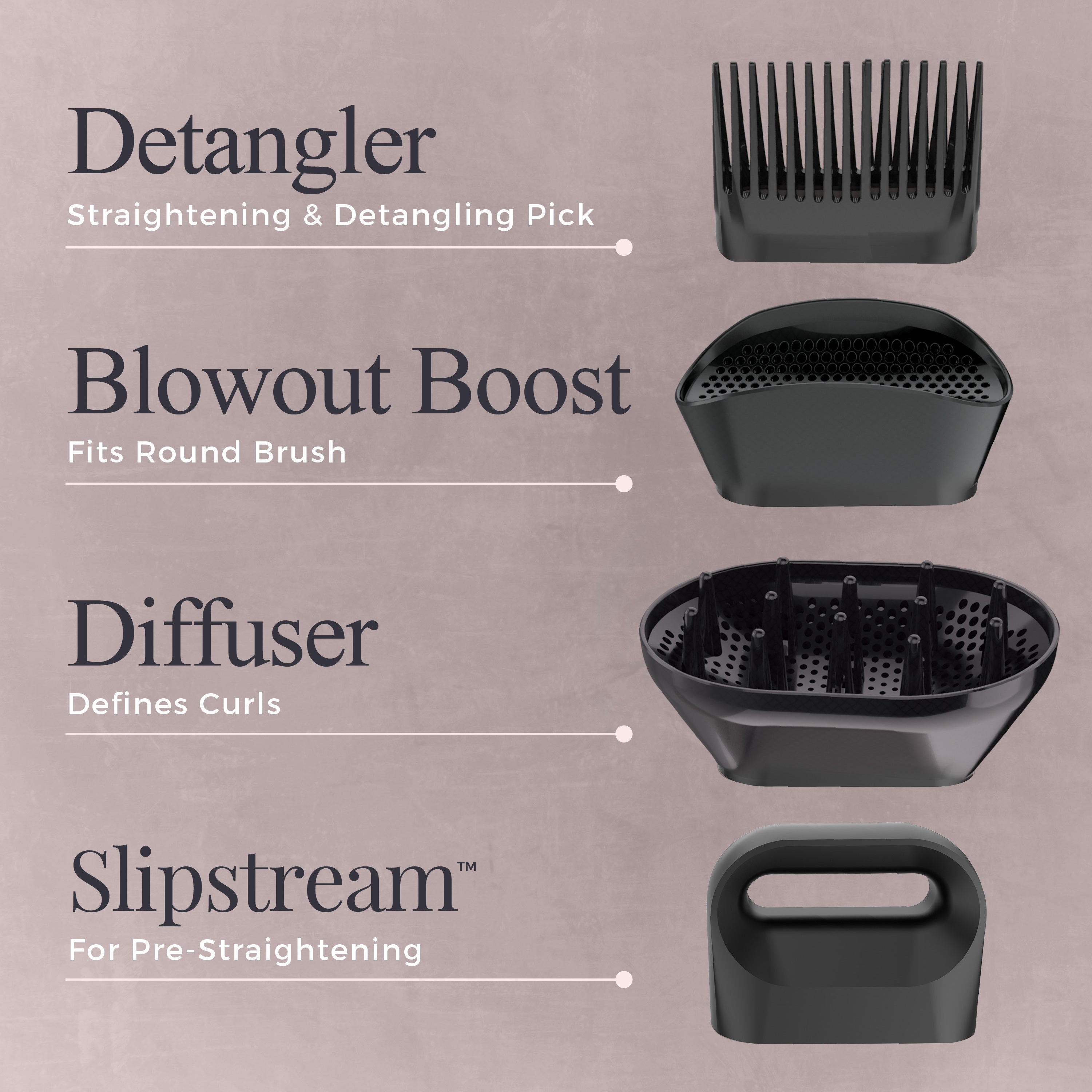 Set of hair styling tools with labels on a beige background