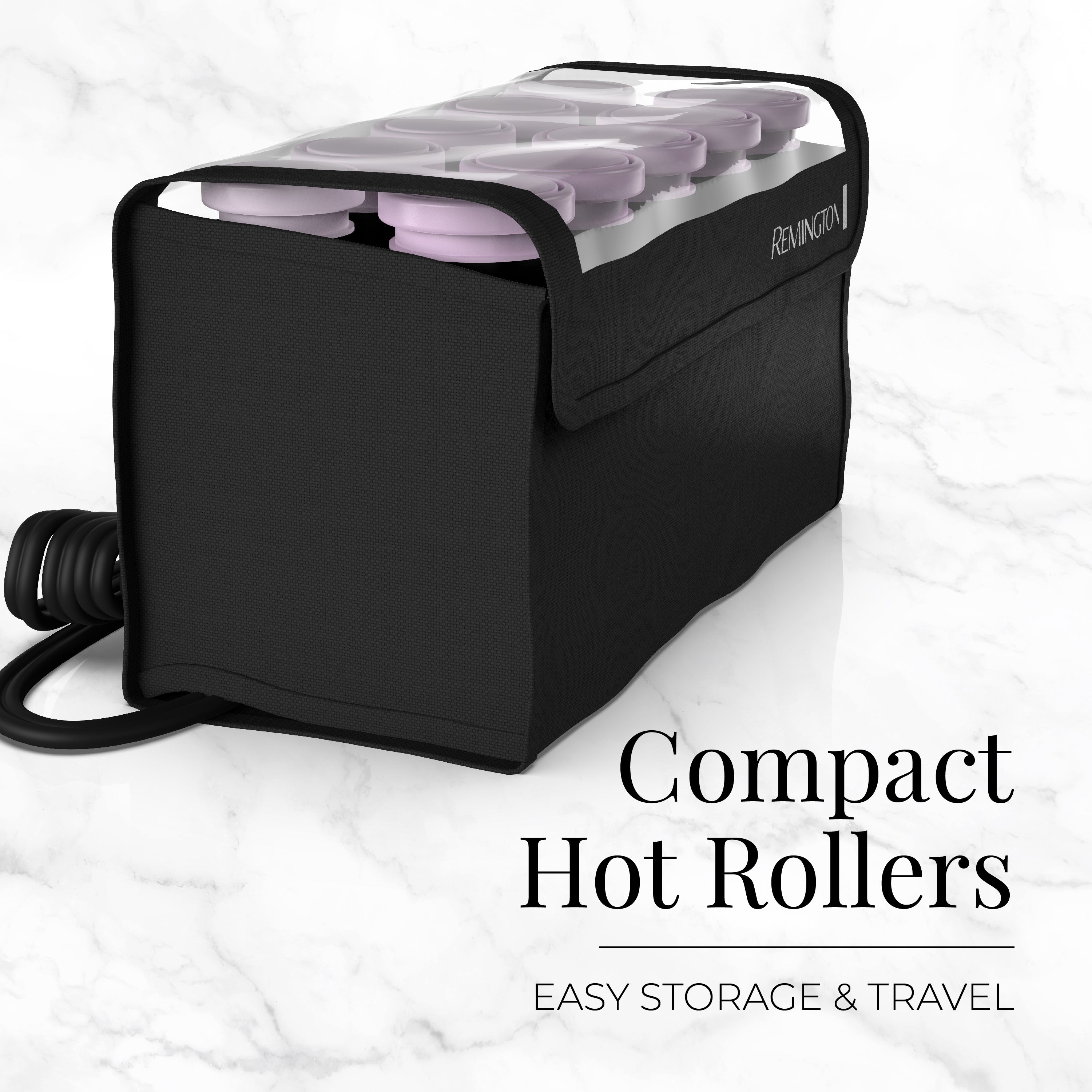 Compact hot rollers with storage case on a white background, featuring the Remington brand.