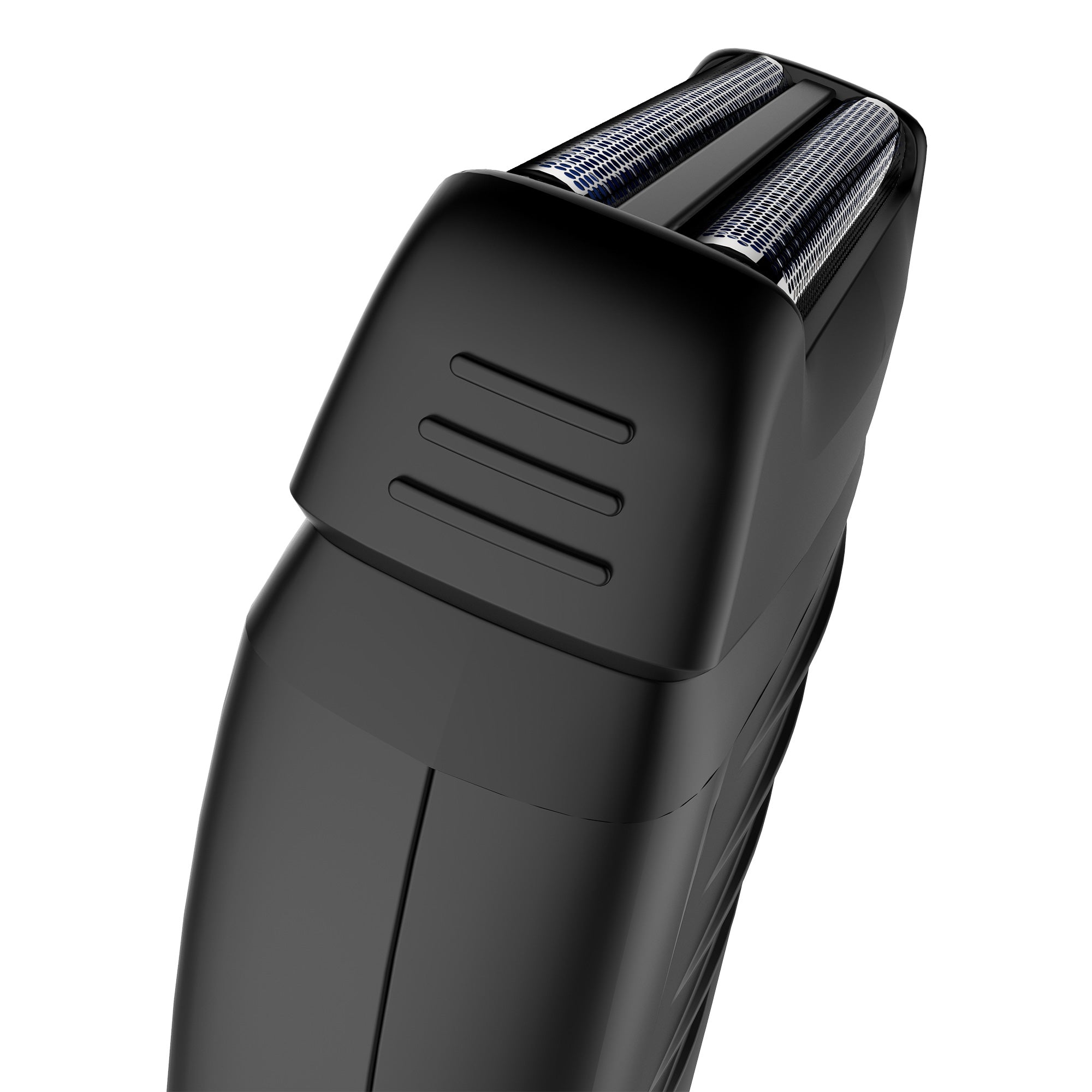 Black electric shaver on a white background