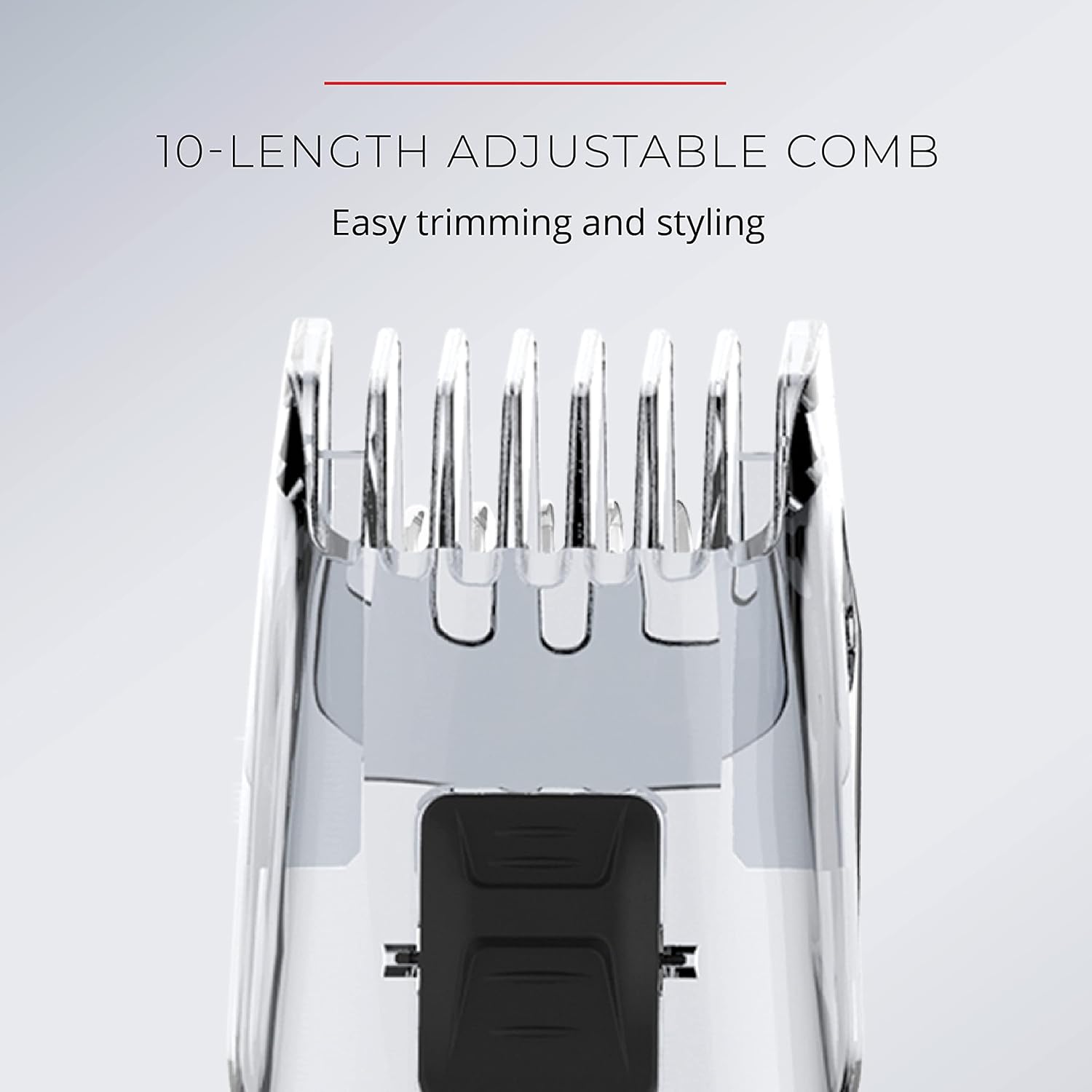 10-length adjustable comb for easy trimming and styling on a gray background