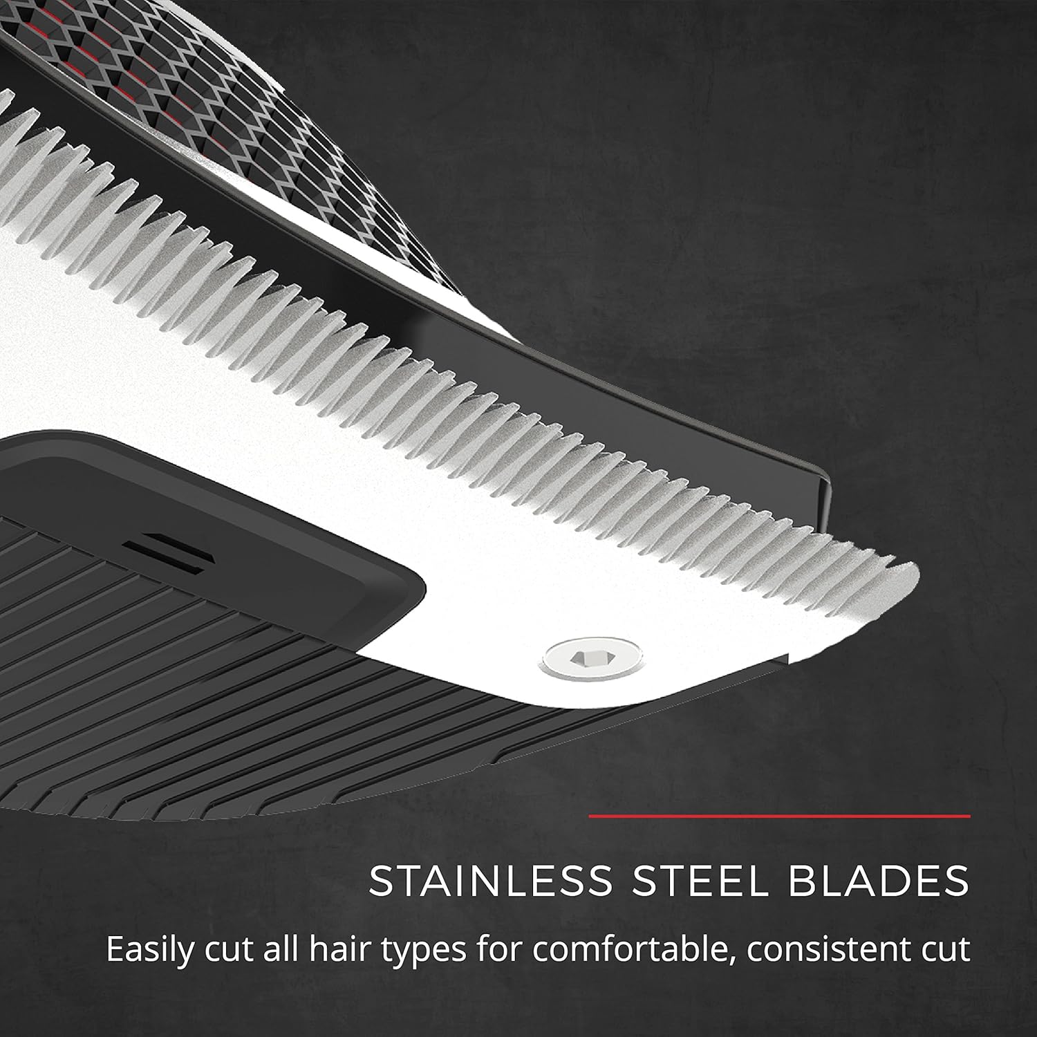 Hair trimmer with stainless steel blades on a dark background