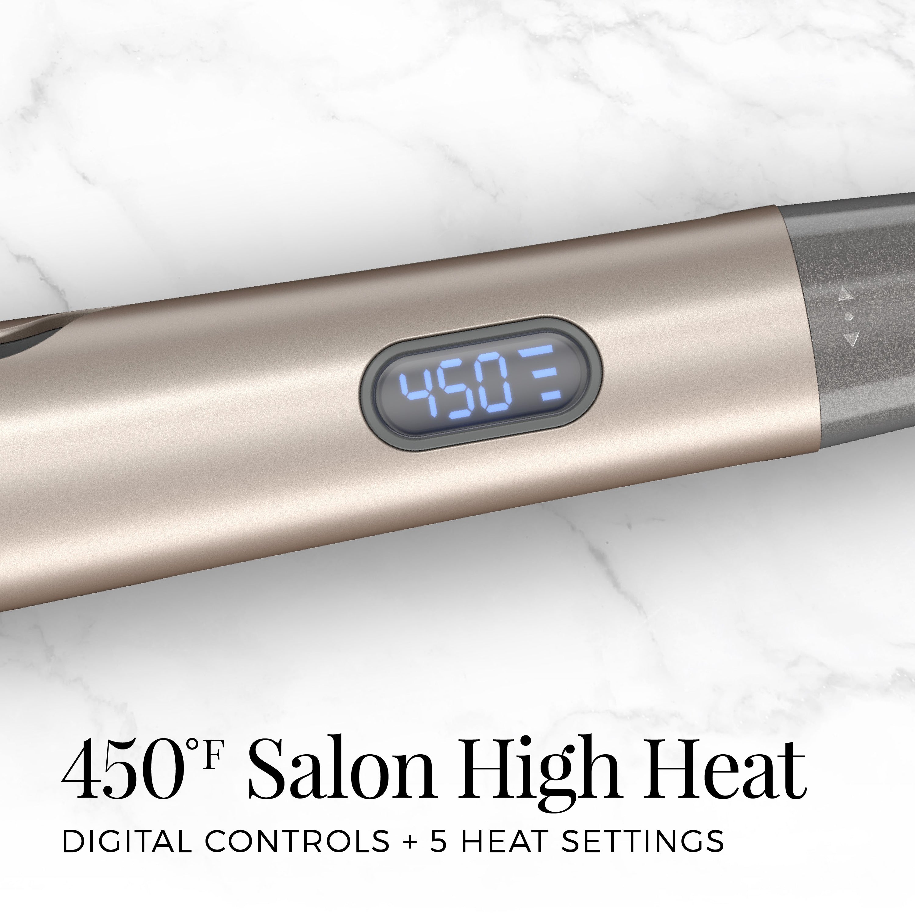 Hair straightener with digital temperature display on a white background