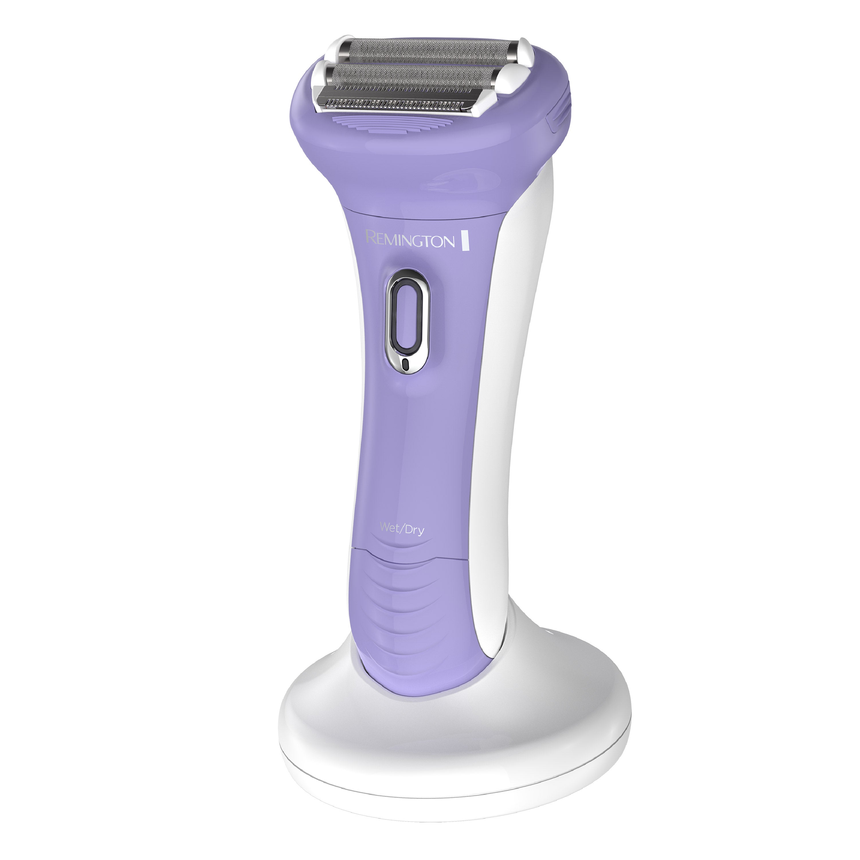 Purple and white electric shaver on a white background
