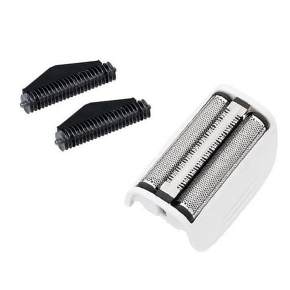 Hair clipper head with two black comb attachments on a white background