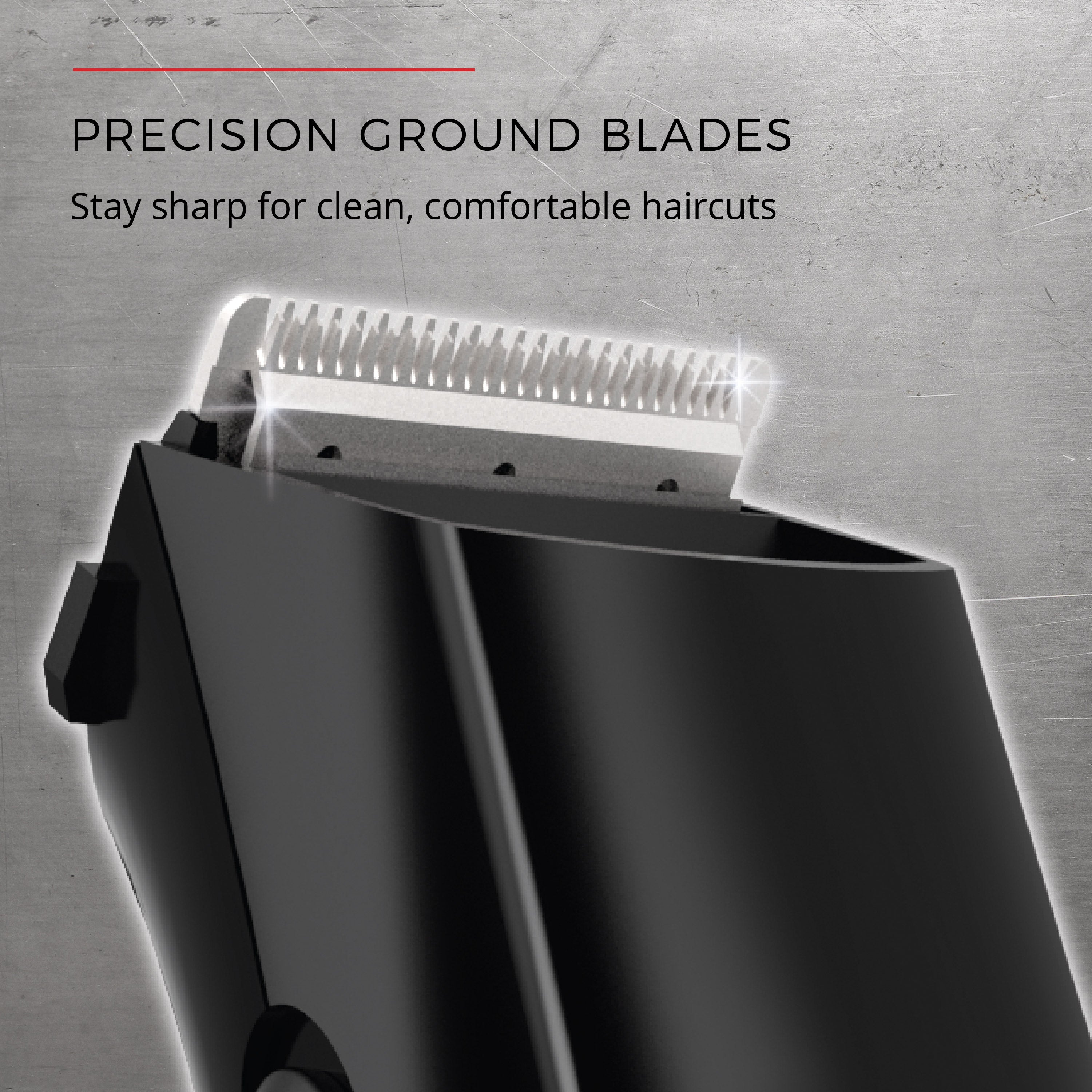 Hair trimmer with precision ground blades on a metallic background