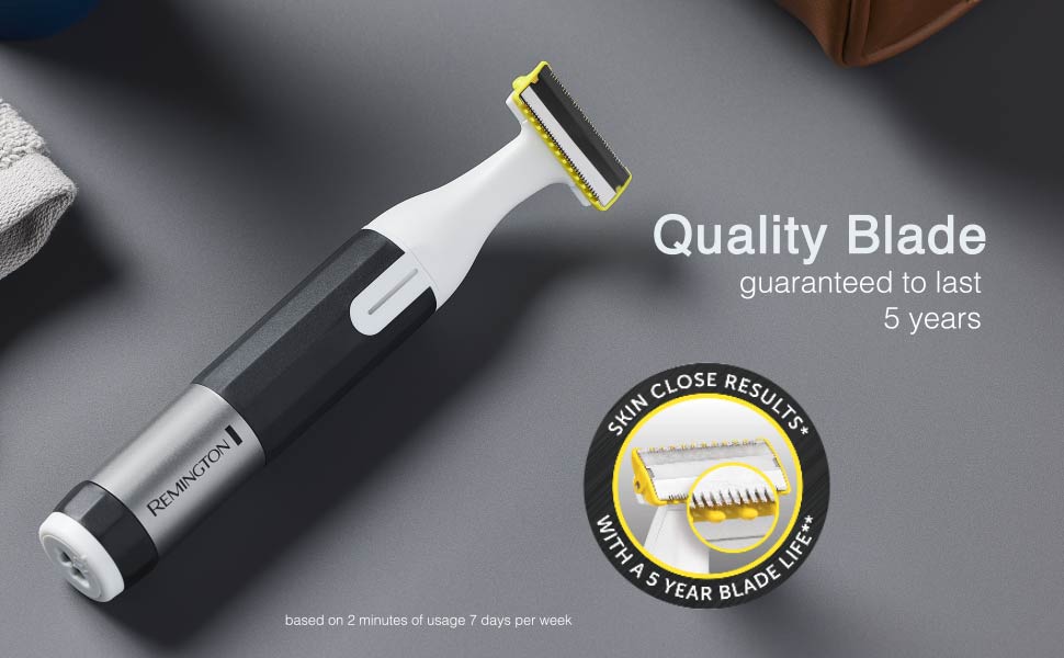 Razors with a 'Quality Blade' guarantee label on a gray background