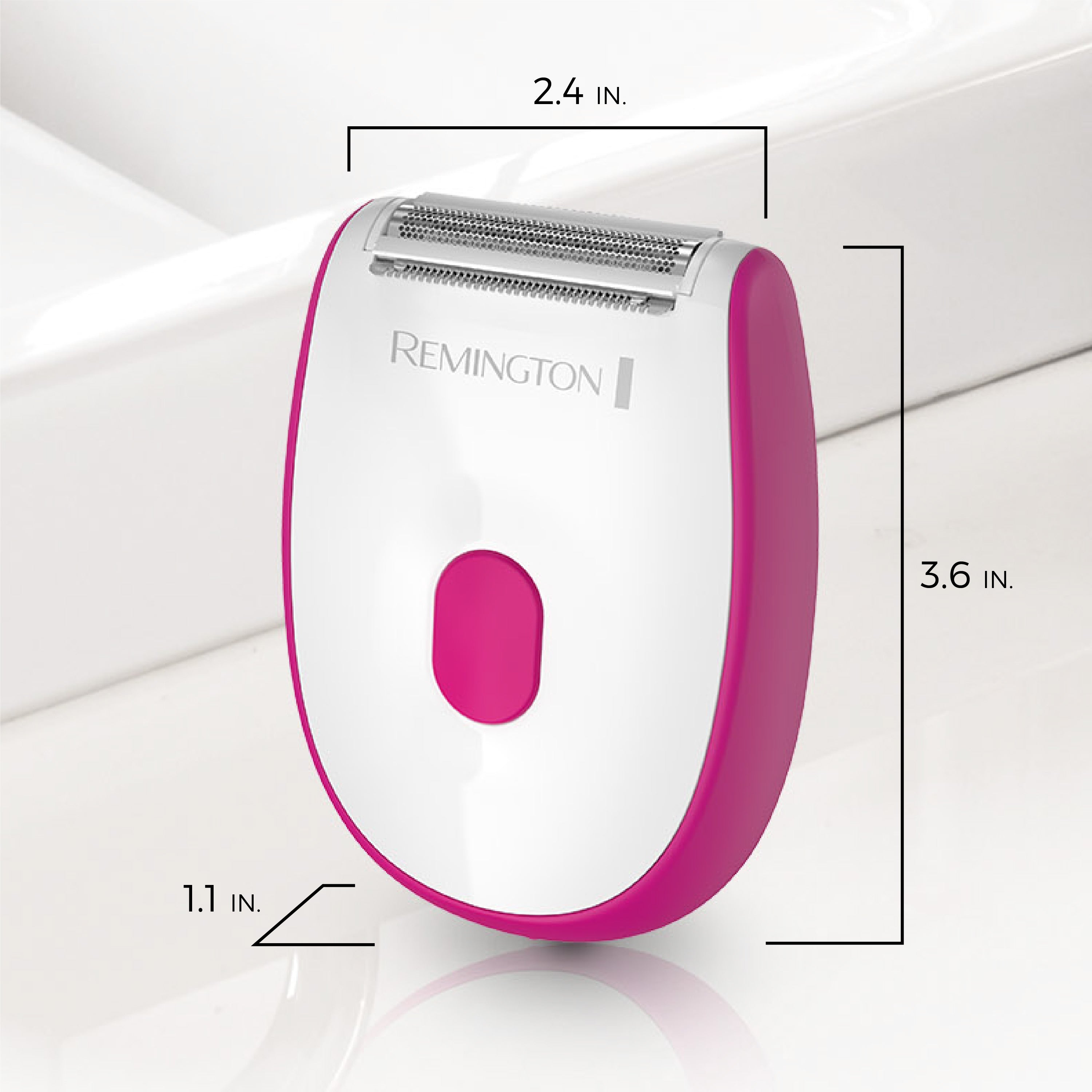 Pink and white Remington epilator with dimensions labeled on a white background