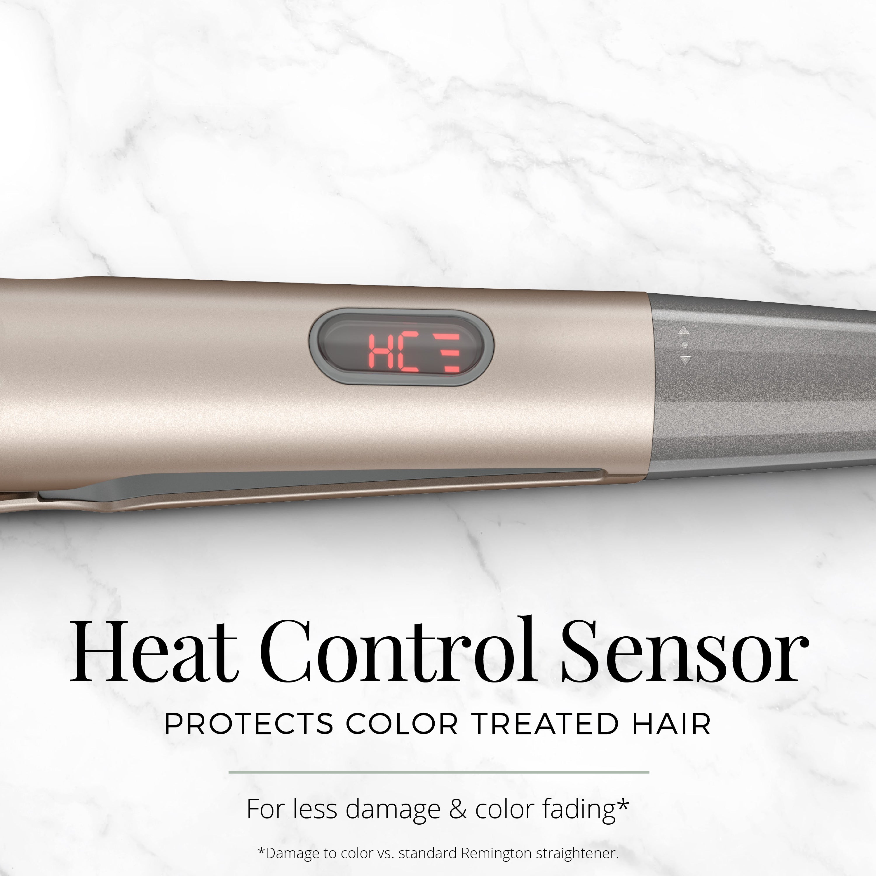 Hair straightener with heat control sensor on a white background