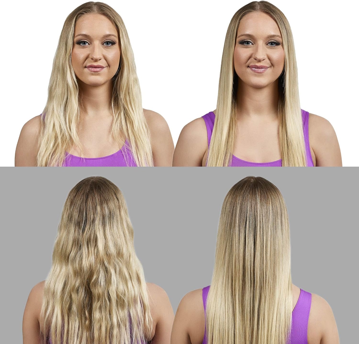 Woman with long blonde hair shown from front, side, and back views against a neutral background.