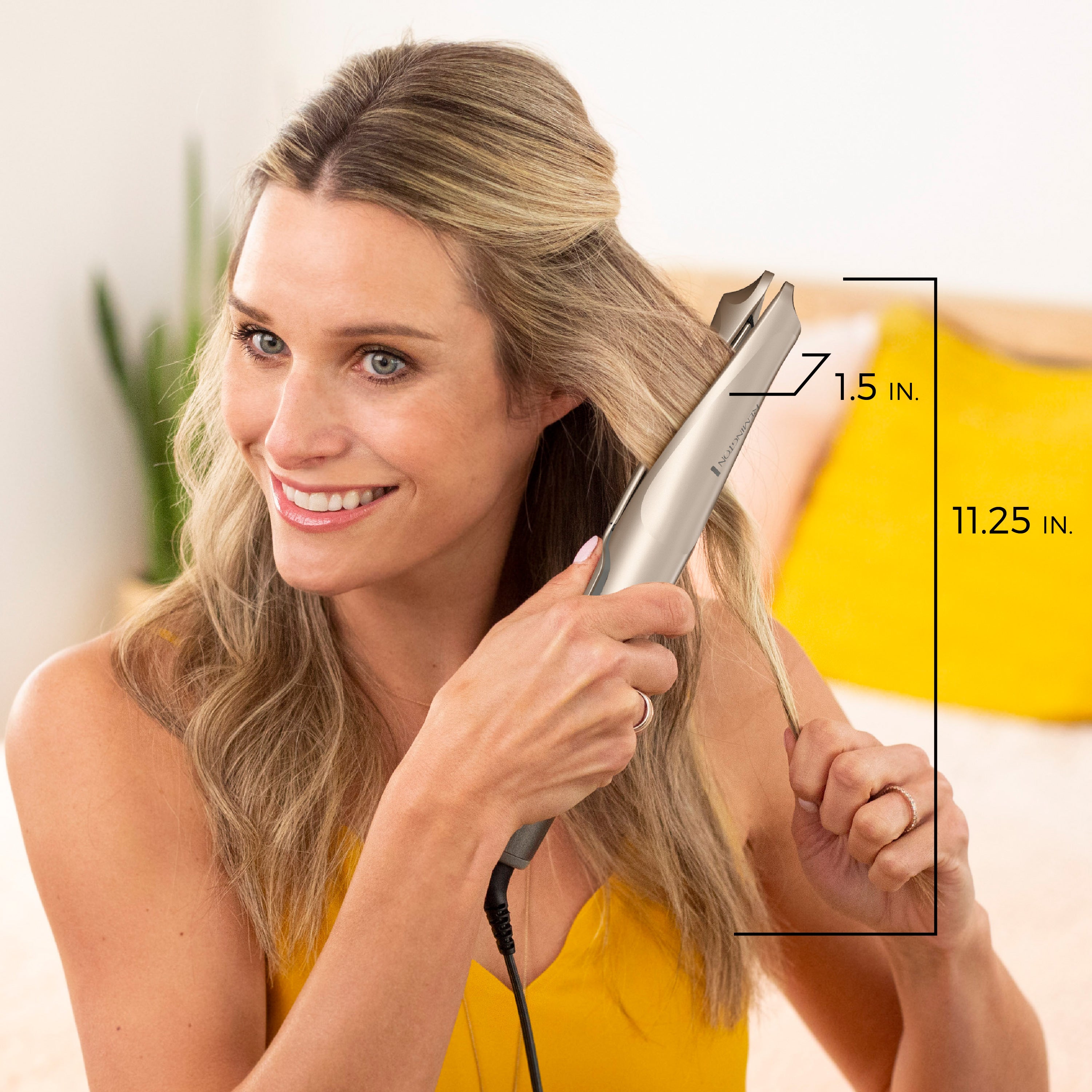 Woman using a hair straightener with measurements indicated on a white background