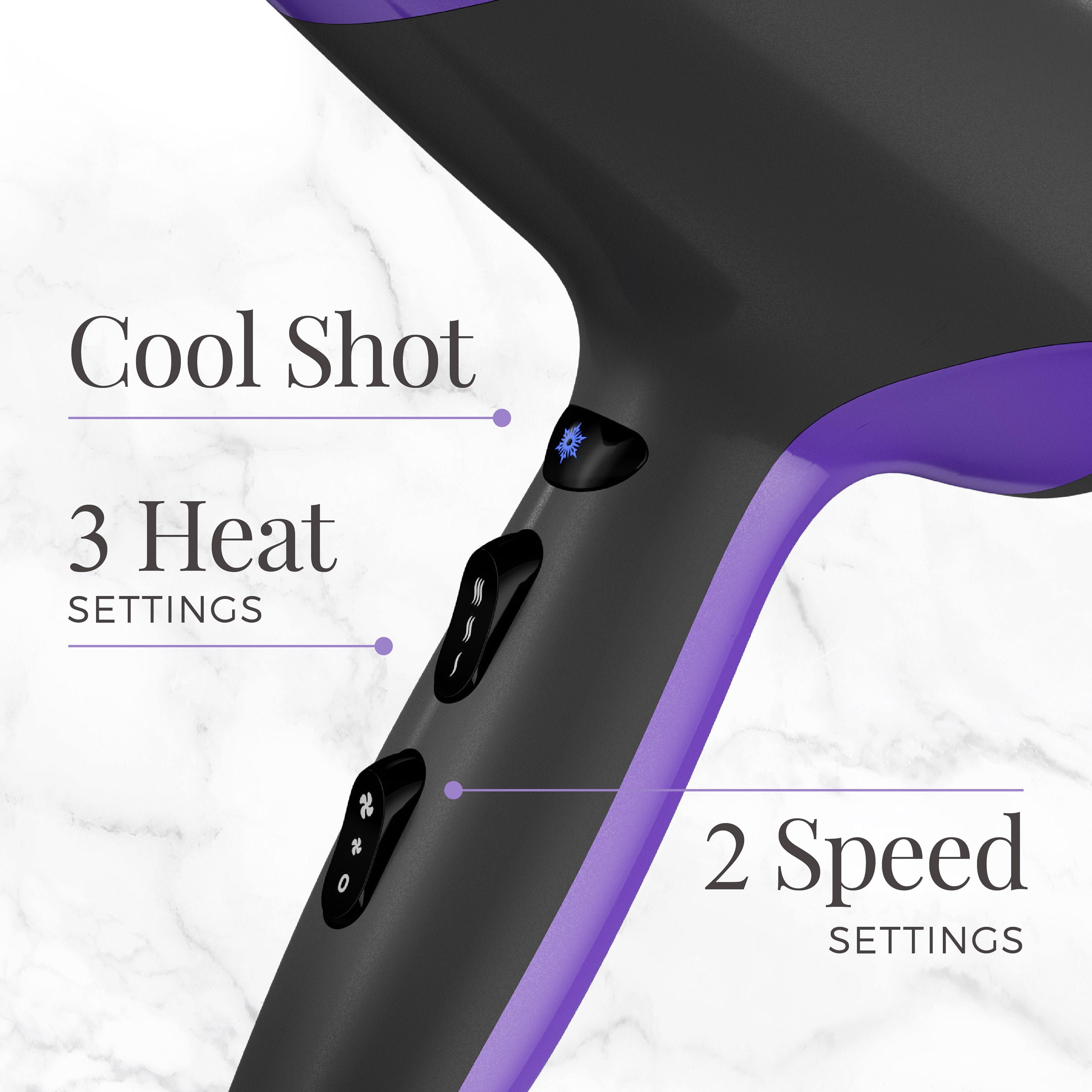 Black and purple hair dryer with text indicating 'Cool Shot', '3 Heat Settings', and '2 Speed Settings' on a white background.