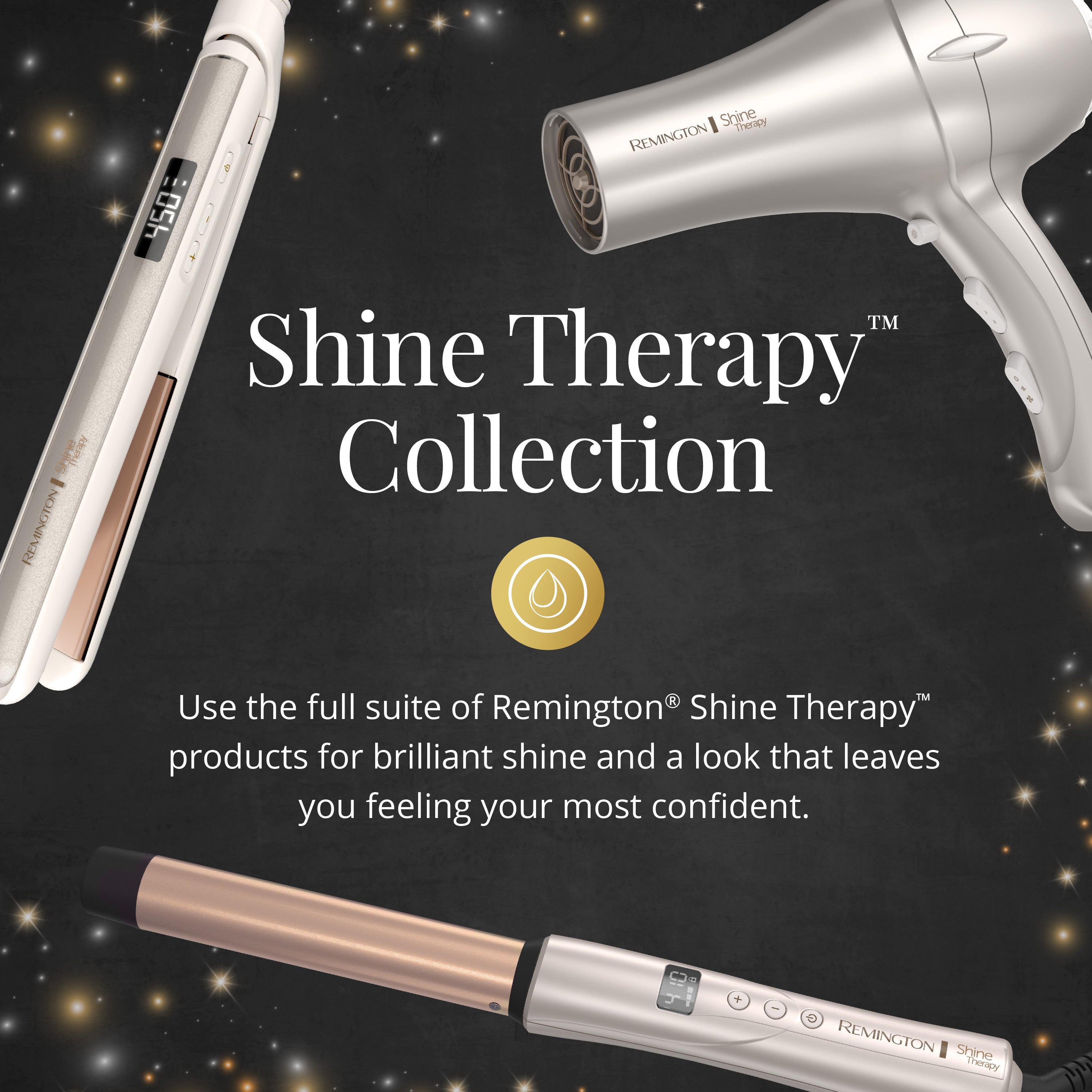 Remington Shine Therapy Collection with hair straightener, hair dryer, and curling iron on a dark background.