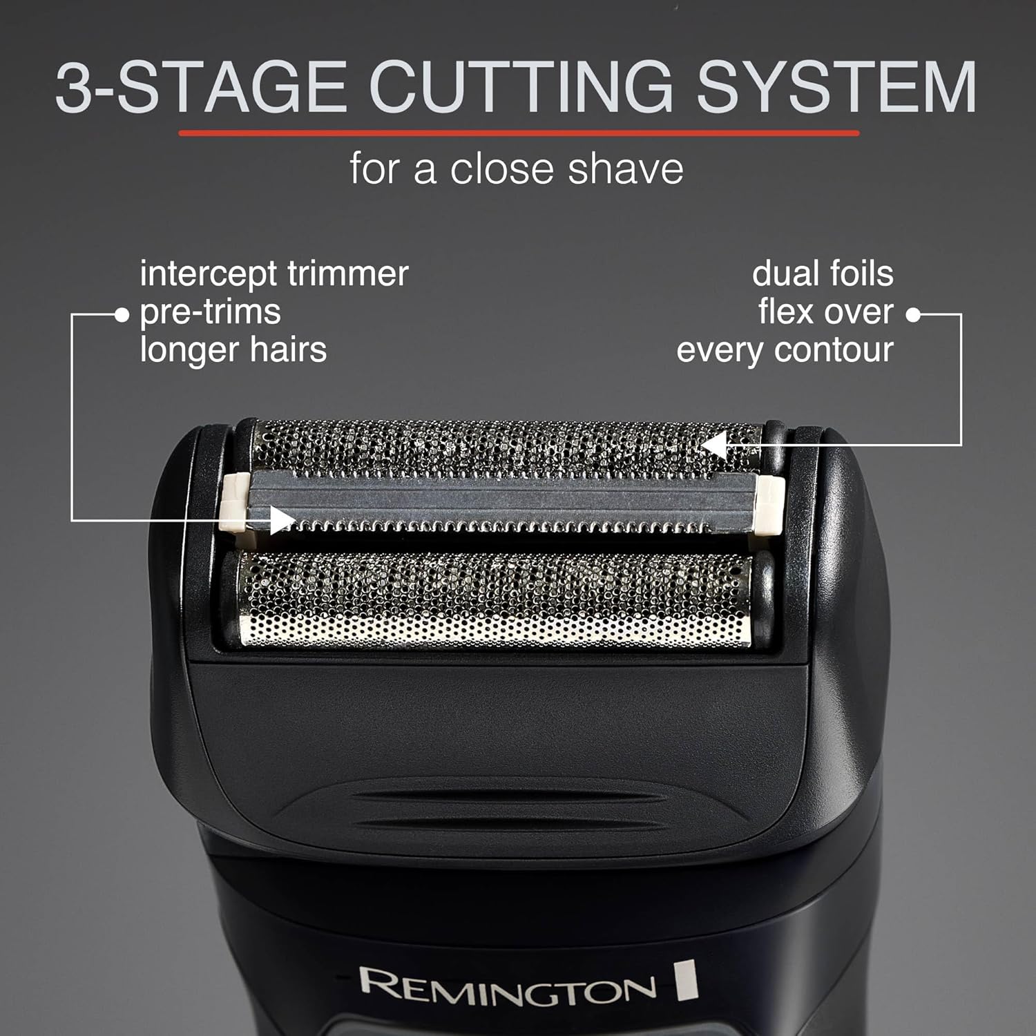 Remington shaver with 3-stage cutting system on a gray background