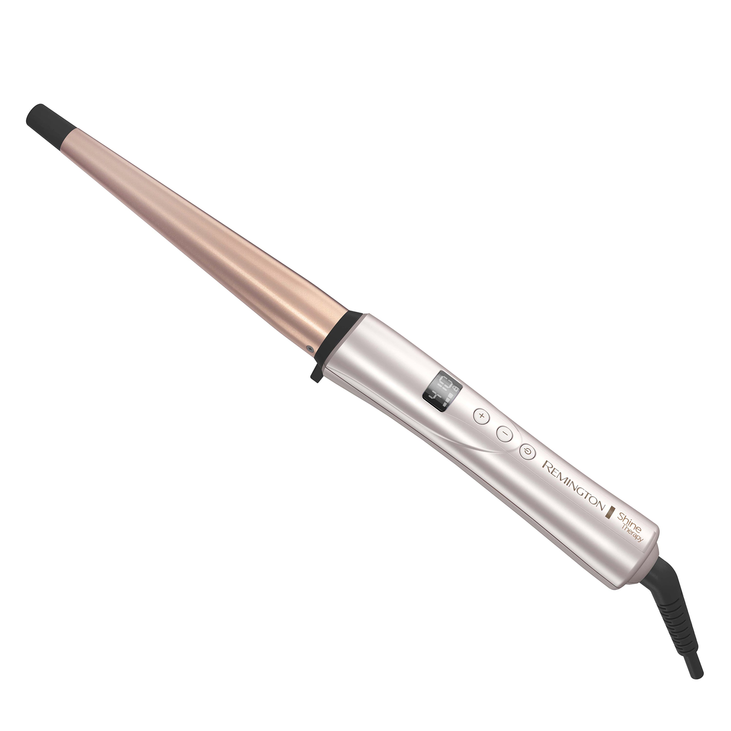 Hair curling iron with rose gold and silver design on a white background