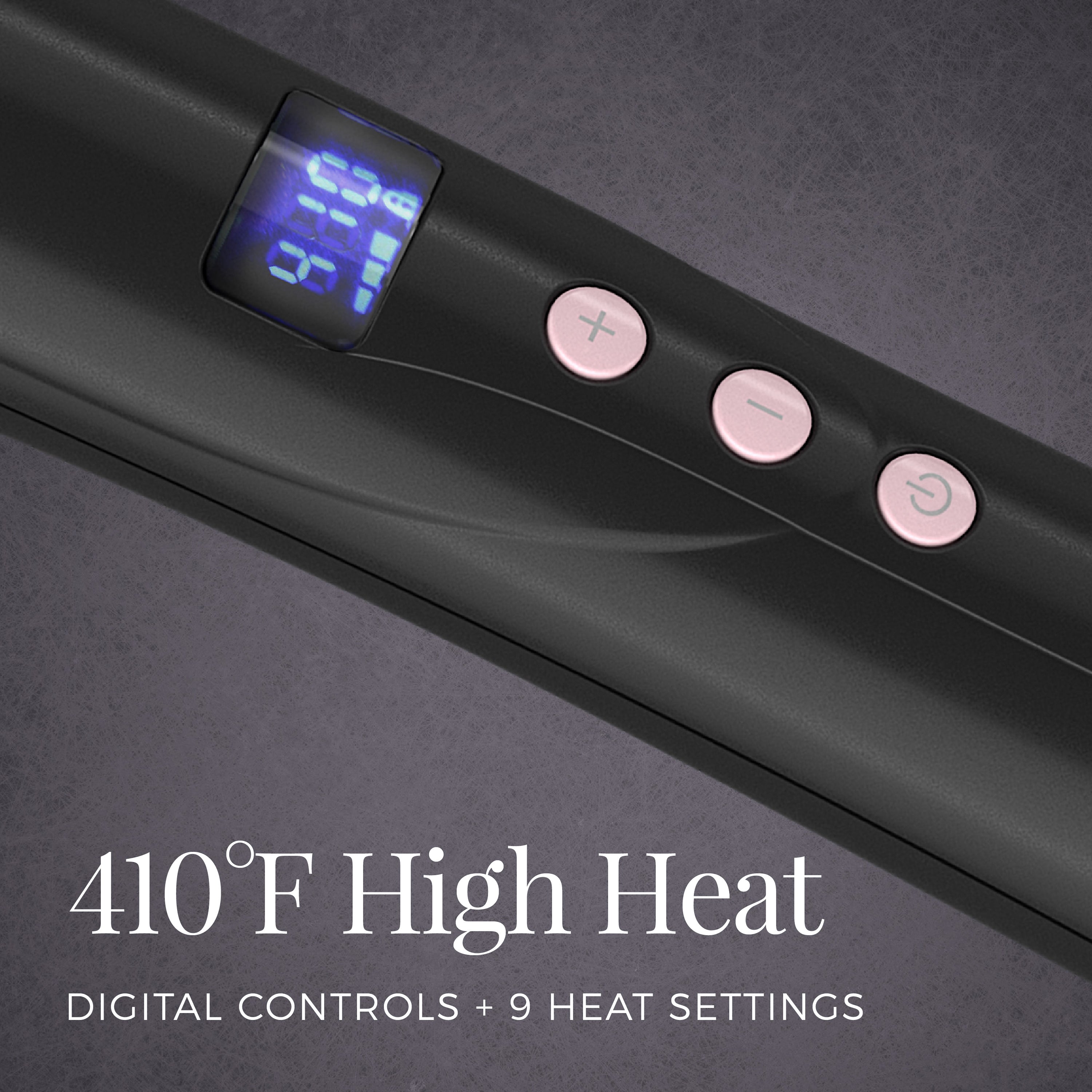 Black hair straightener with digital display and control buttons on a dark background