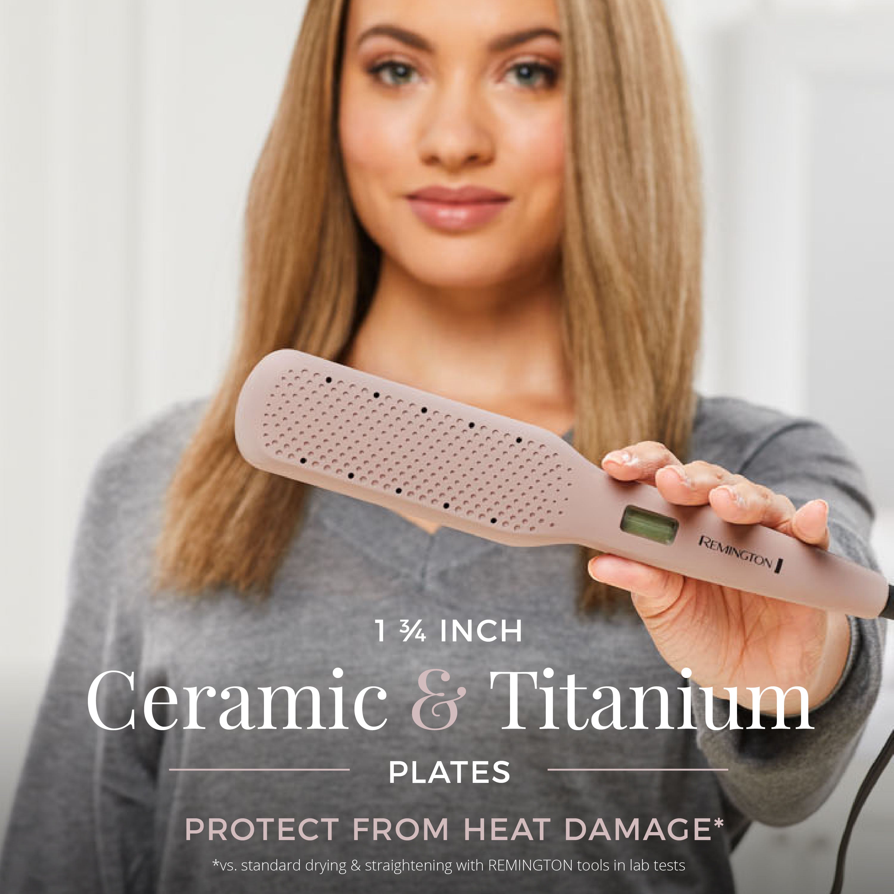 Woman holding a REMINGTON hair straightener with text about ceramic and titanium plates.