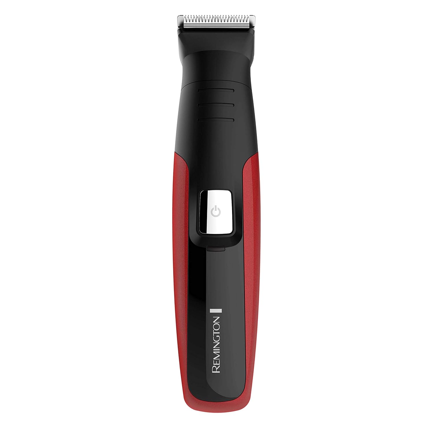 Red and black Remington hair trimmer on a white background