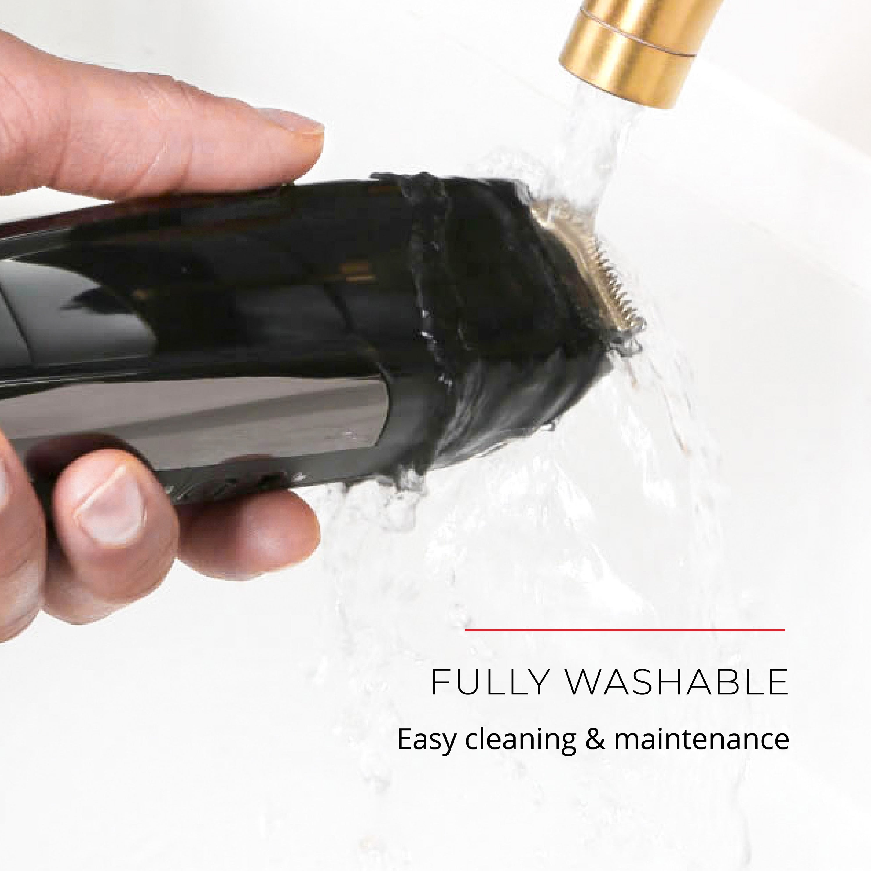 Hair trimmer being rinsed under water with text 'Fully Washable' and 'Easy cleaning & maintenance'.