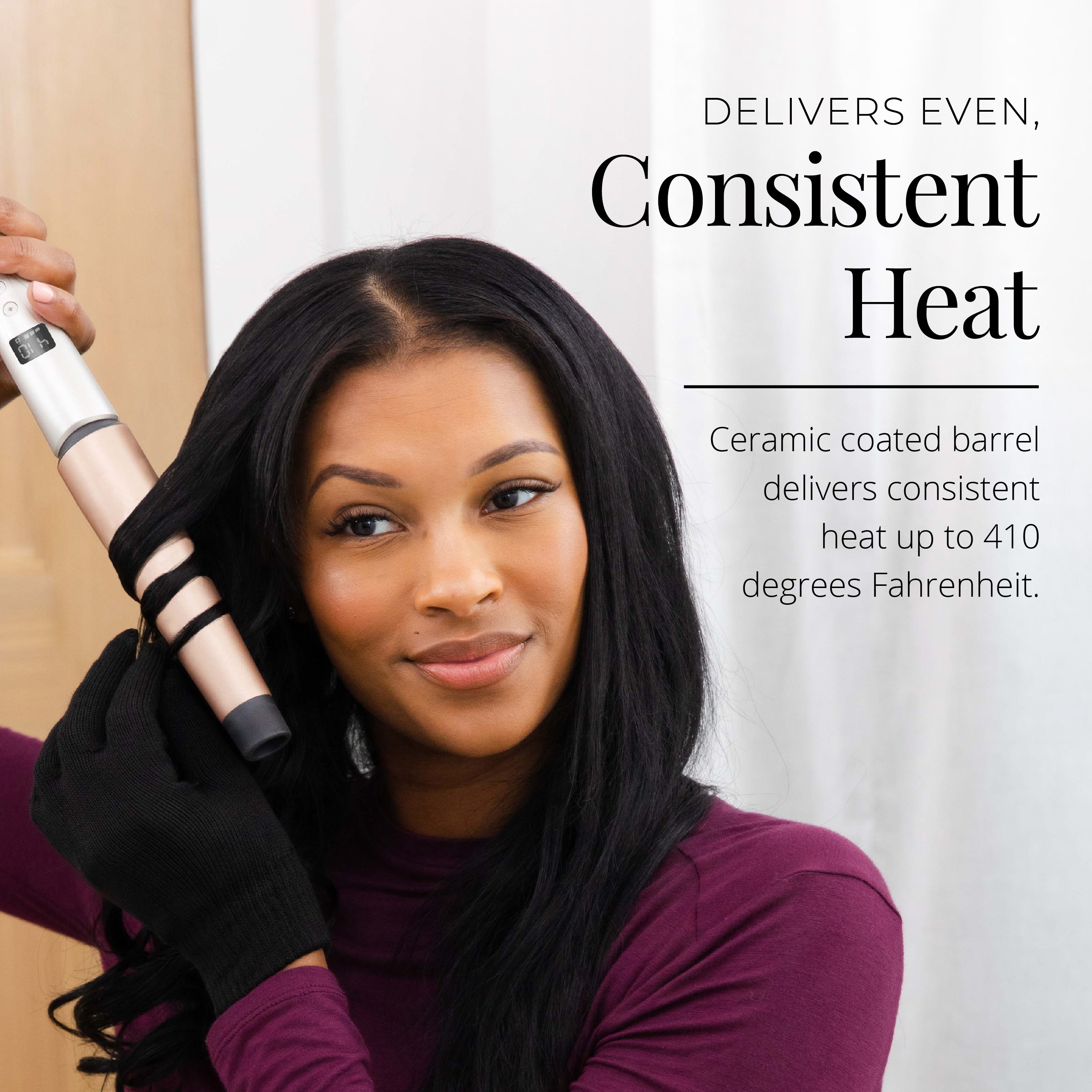 Woman using a hair straightener with text about consistent heat