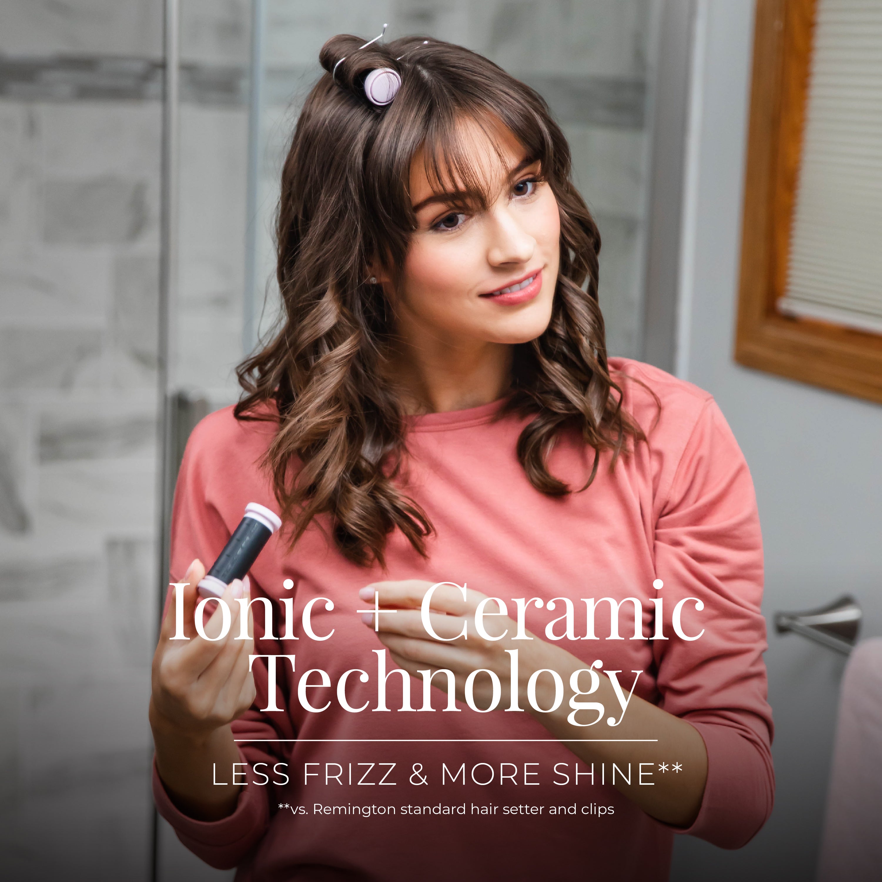 Woman using a hair styling tool with text about Ionic + Ceramic Technology in a bathroom setting.