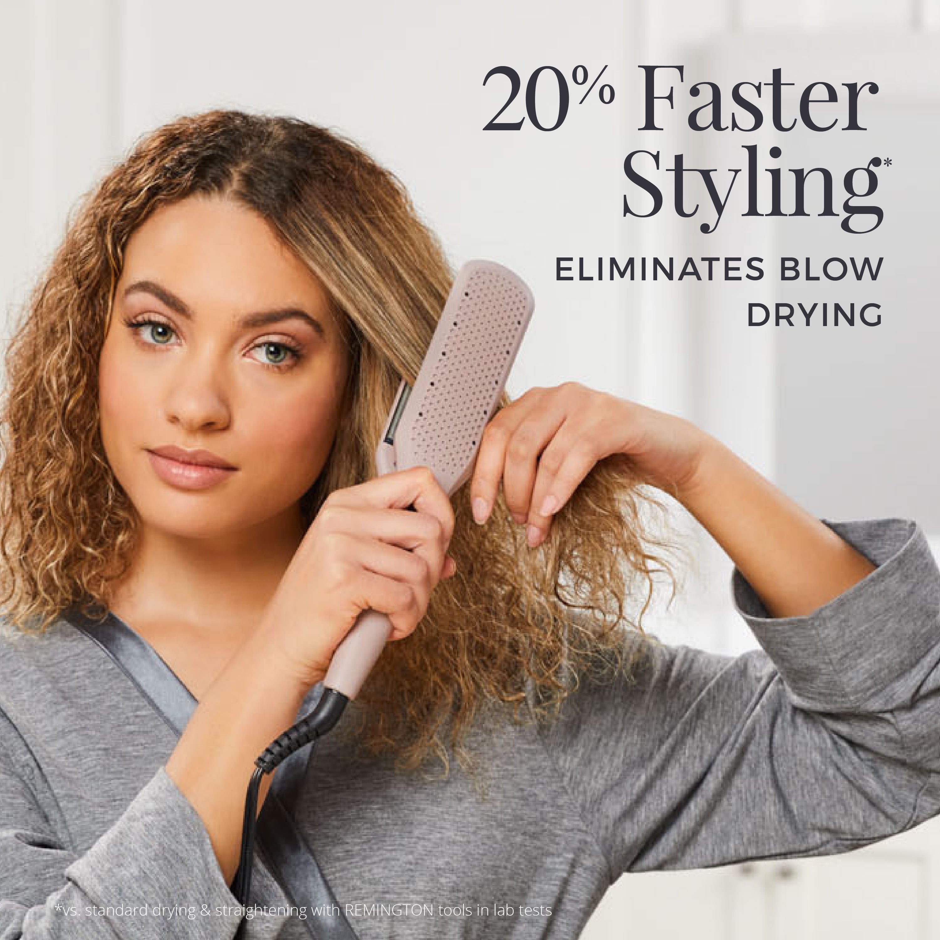 Woman using a hair straightening tool with text about faster styling and blow-drying reduction.