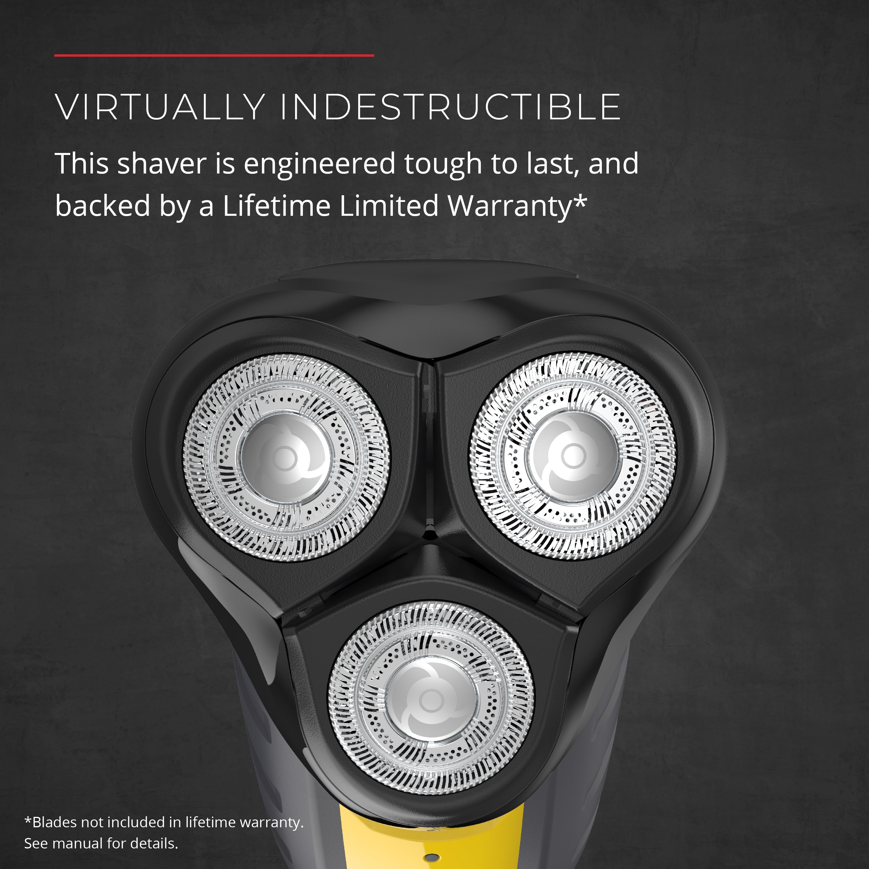 Shaver with three circular heads on a dark background, featuring text about durability and warranty.