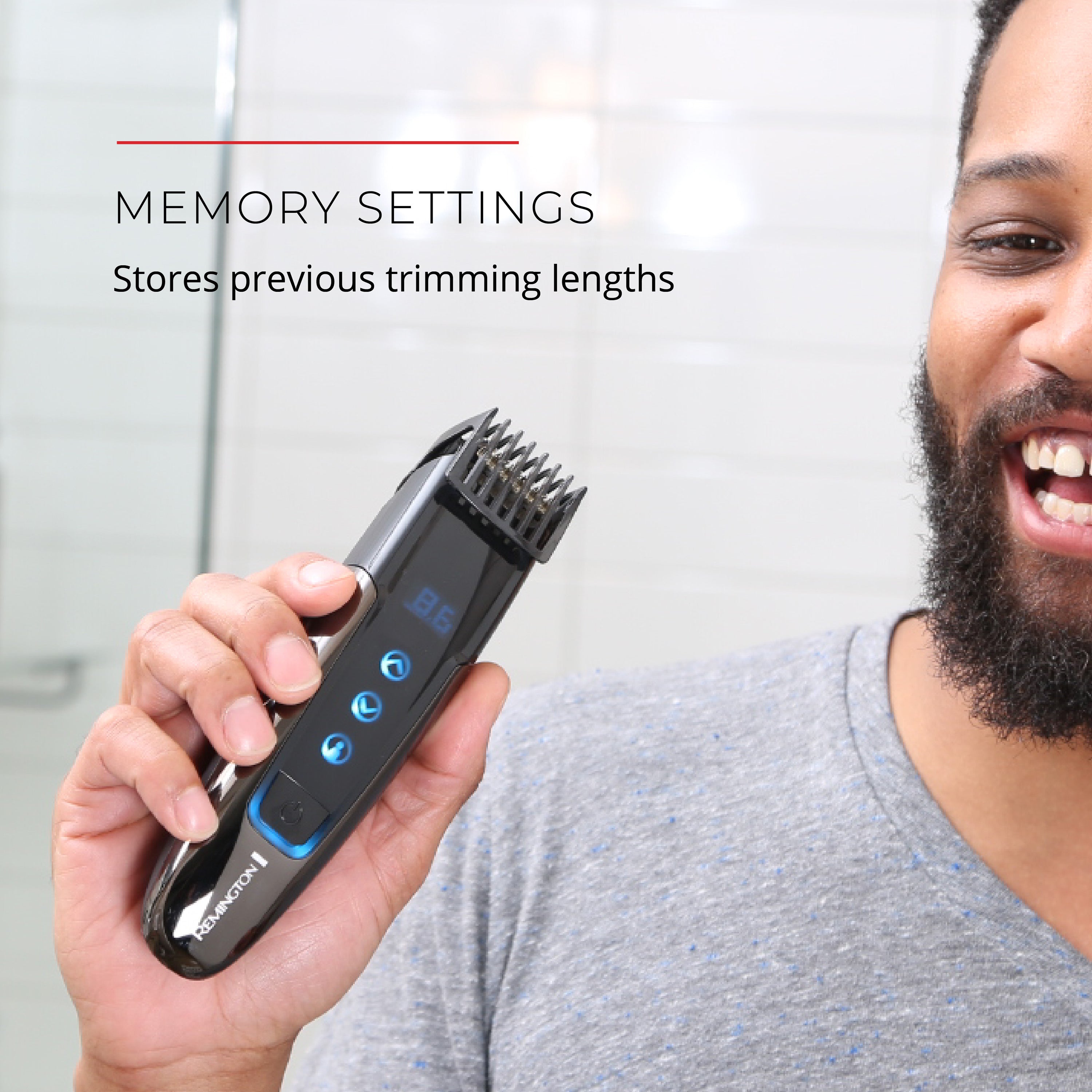 Person holding a hair trimmer with text about memory settings