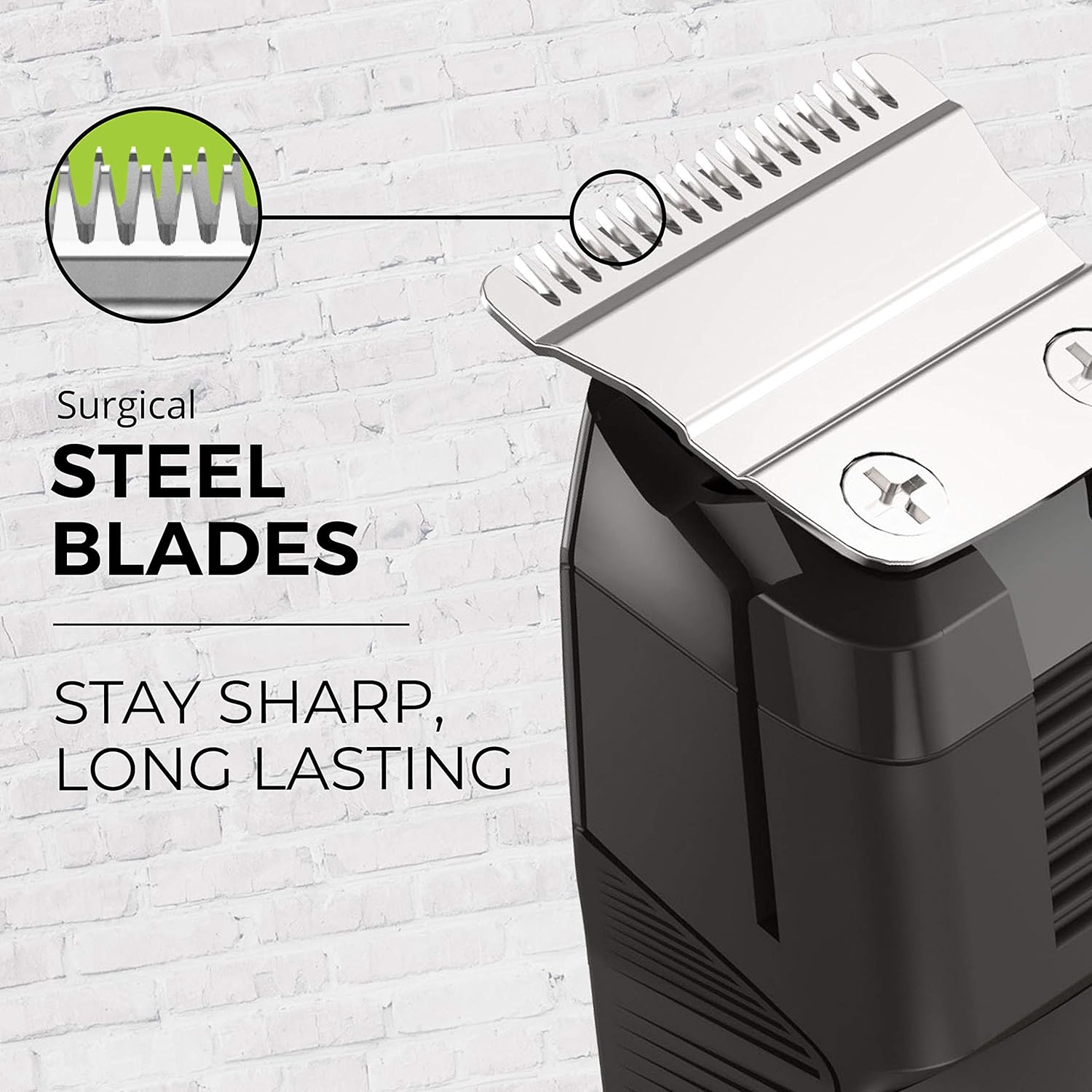 Hair trimmer with surgical steel blades feature on a white brick wall background