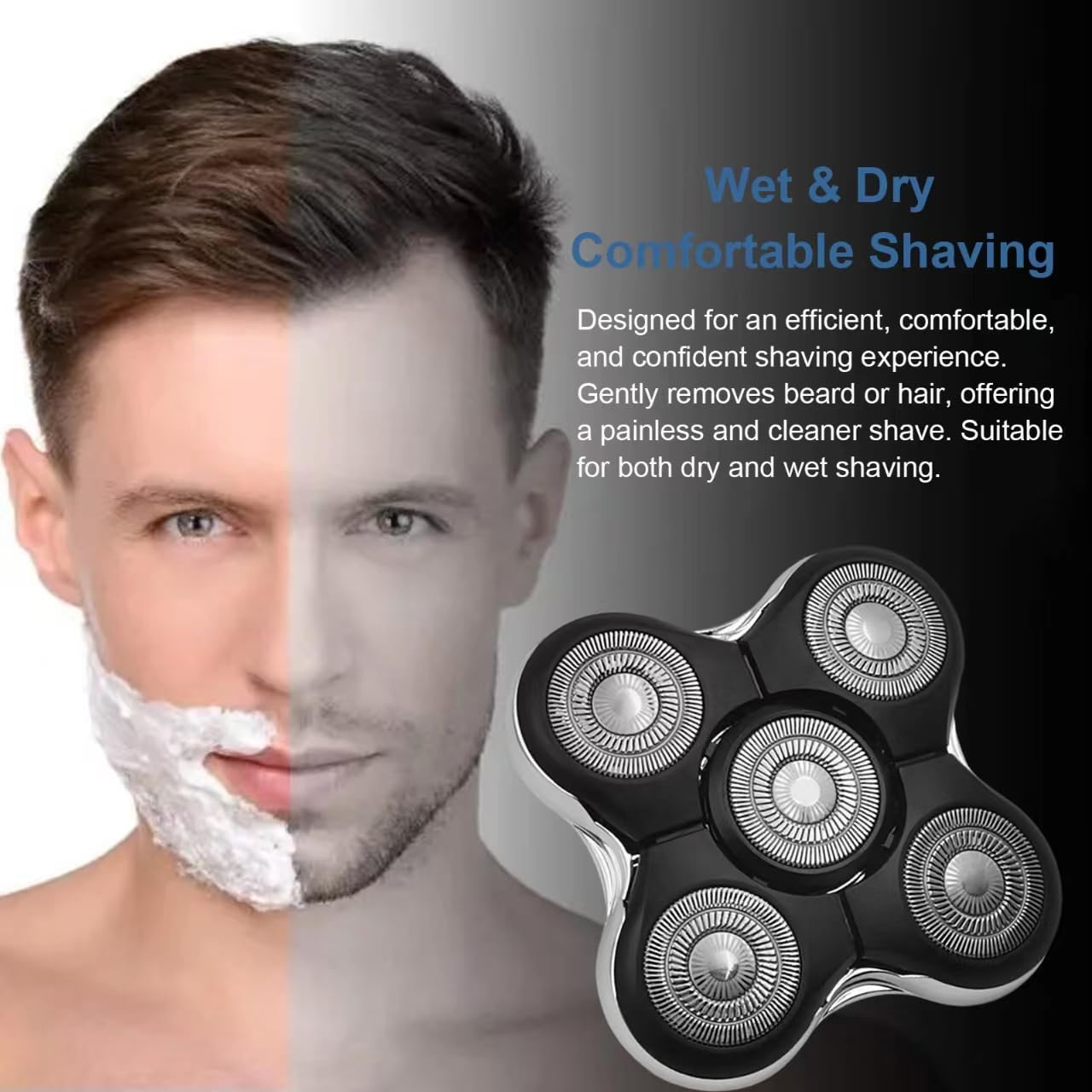 Electric shaver with a split image of a man before and after shaving.