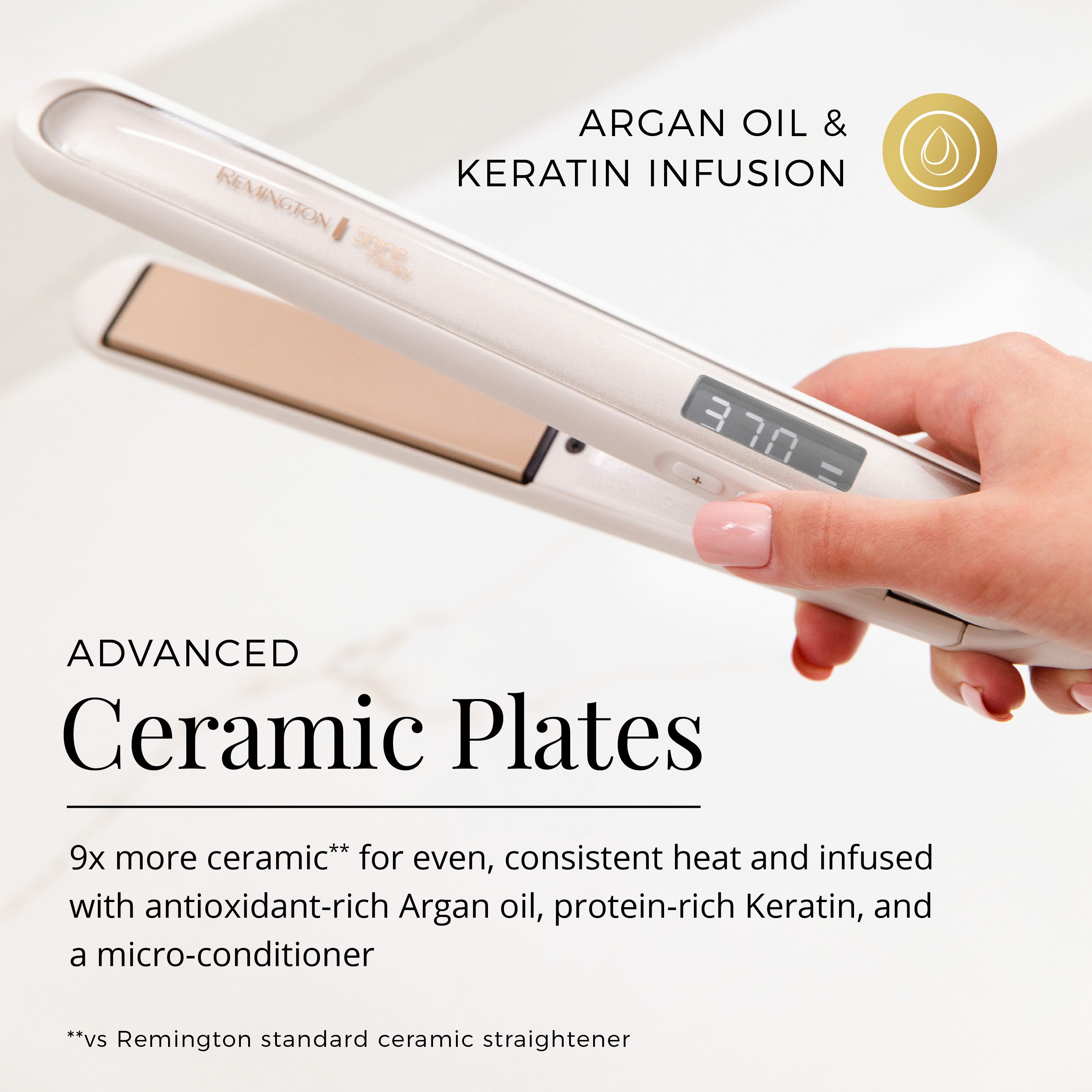 Hair straightener with Argan oil and Keratin infusion on a white background