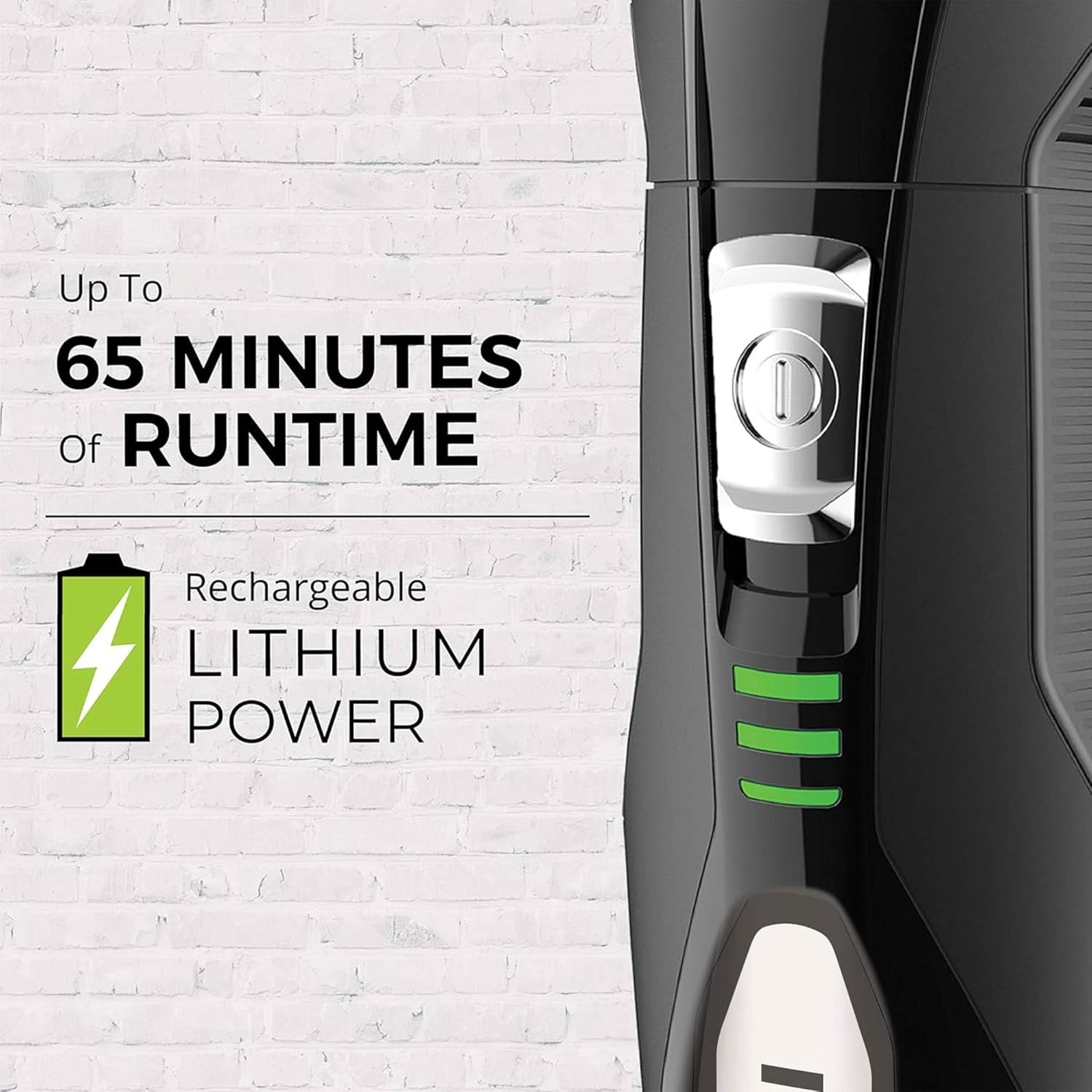 Black and silver electric shaver with charging indicator on a white brick wall background, highlighting runtime and lithium power features.