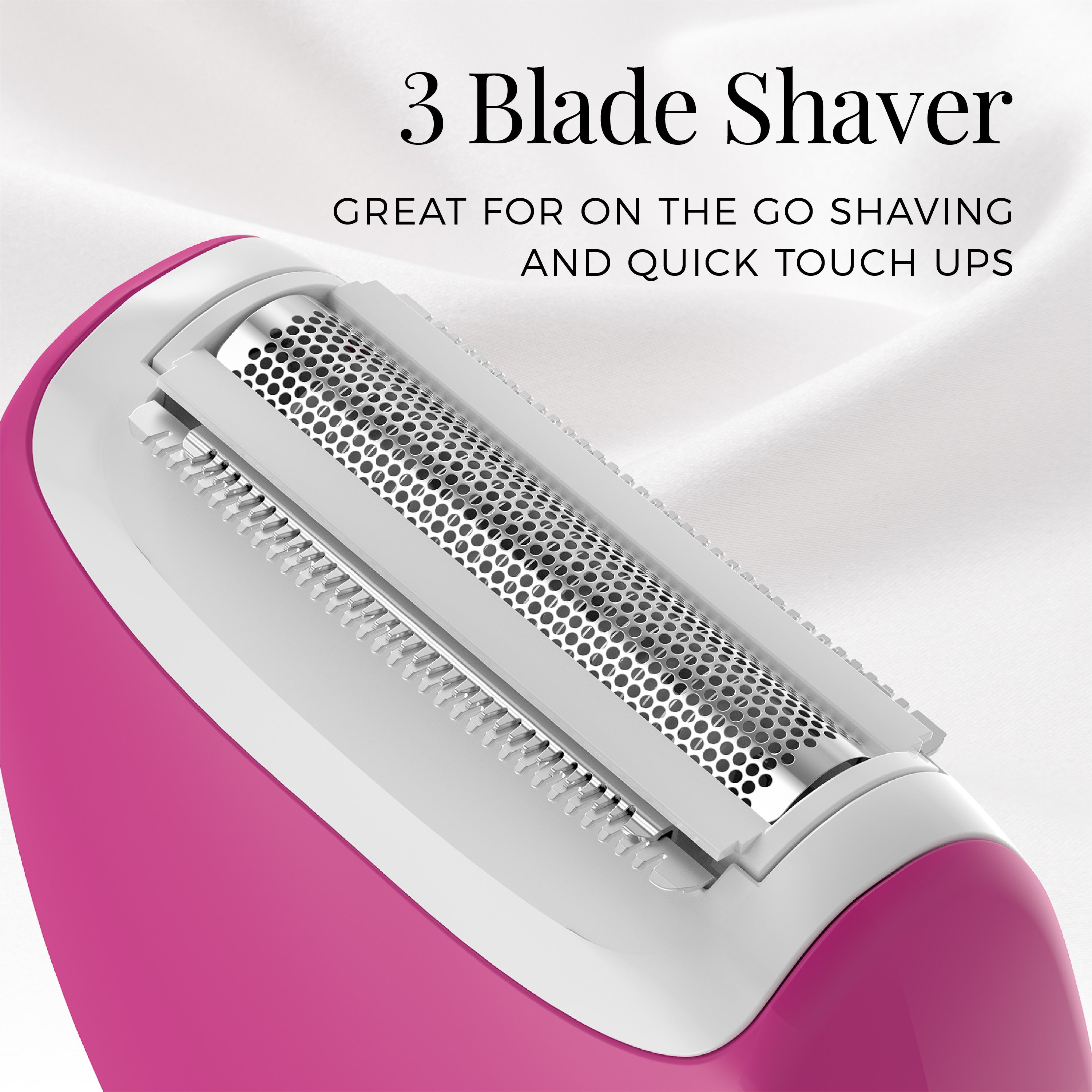 Pink and white three-blade shaver on a light gray background