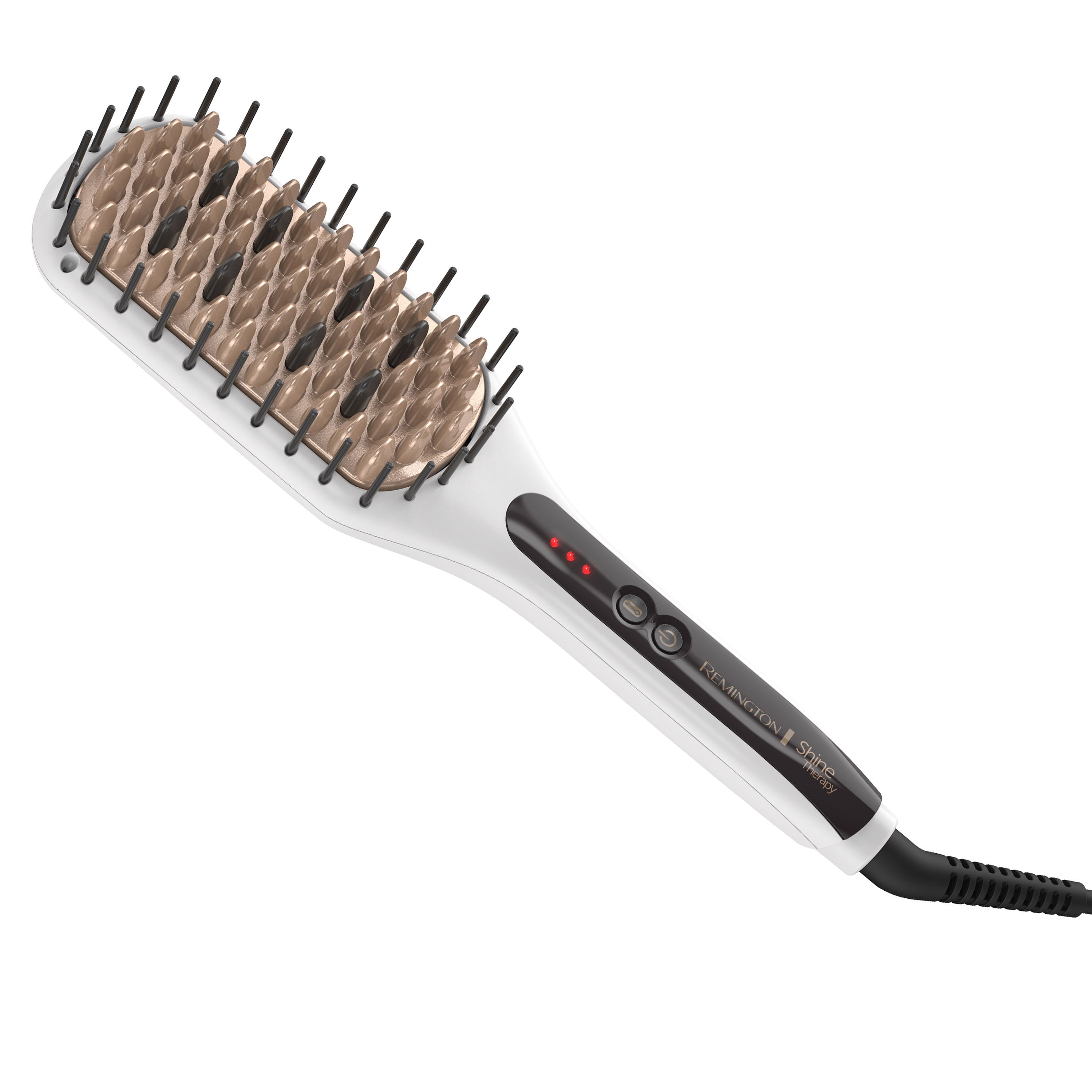 Hair straightening brush with bristle head and control panel on a white background