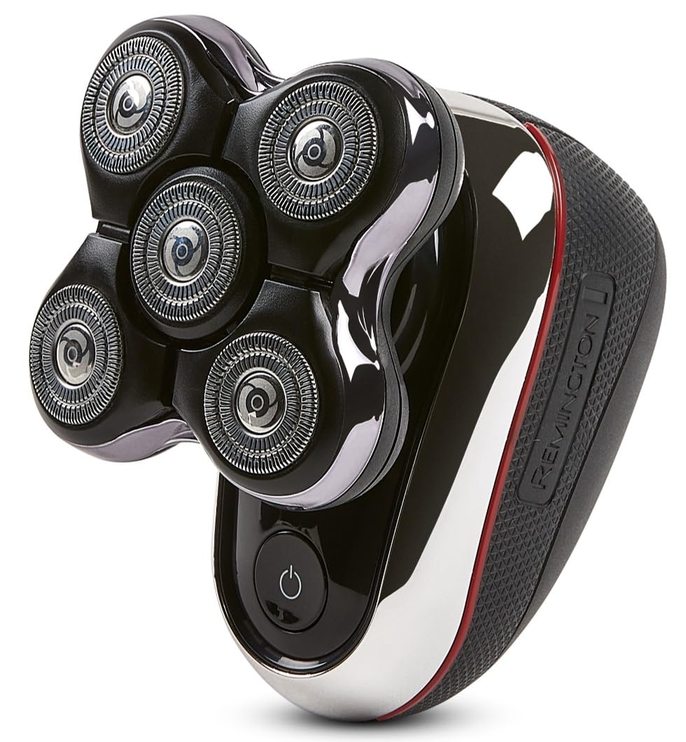 Black electric shaver with multiple heads on a white background