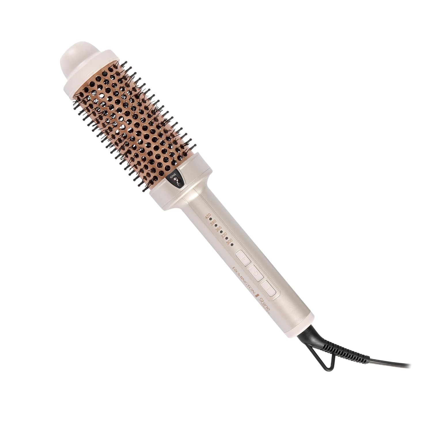 Hair styling tool with bristle brush head on a white background