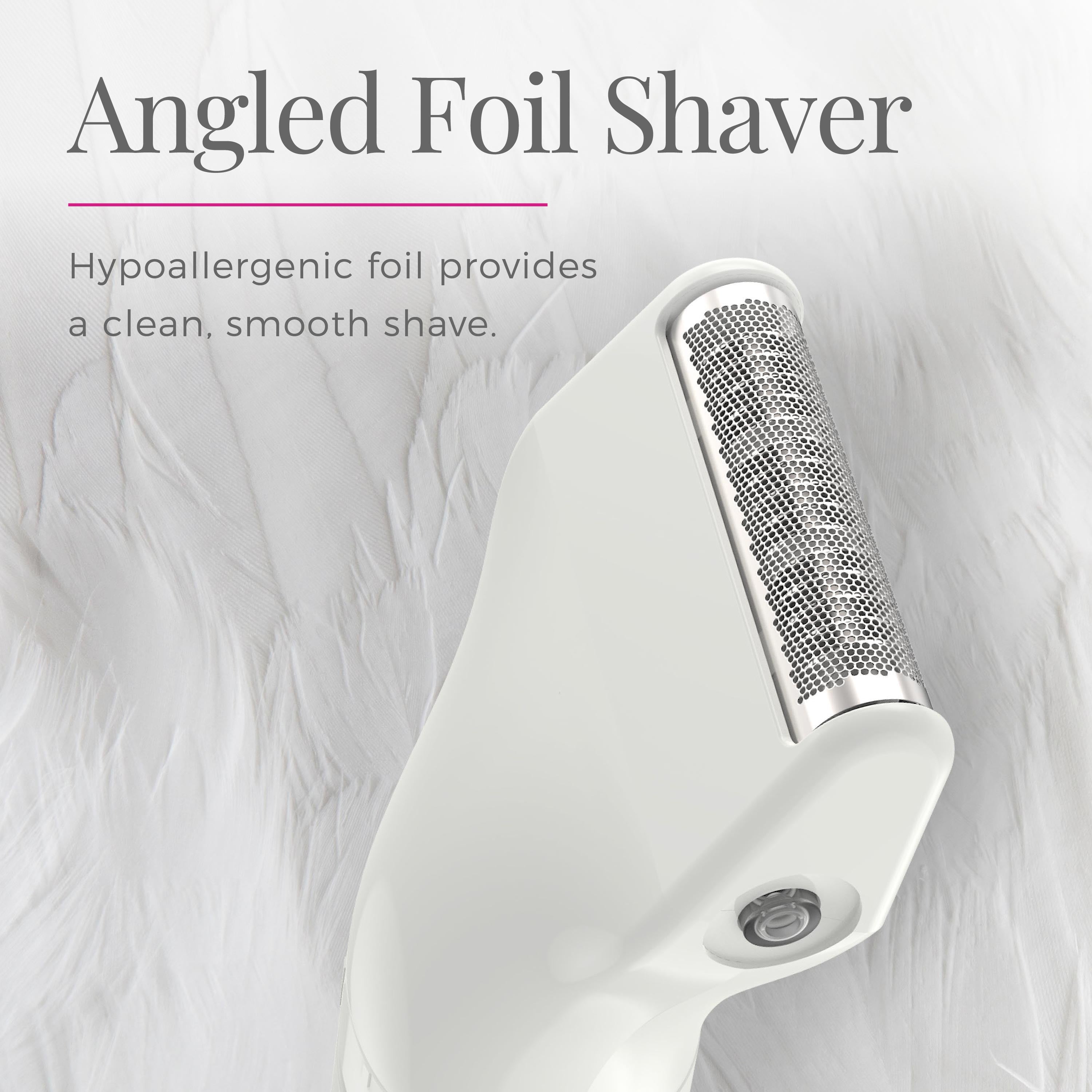 WPG4020FCDN Angled foil shaver with text highlighting its hypoallergenic feature on a white background.