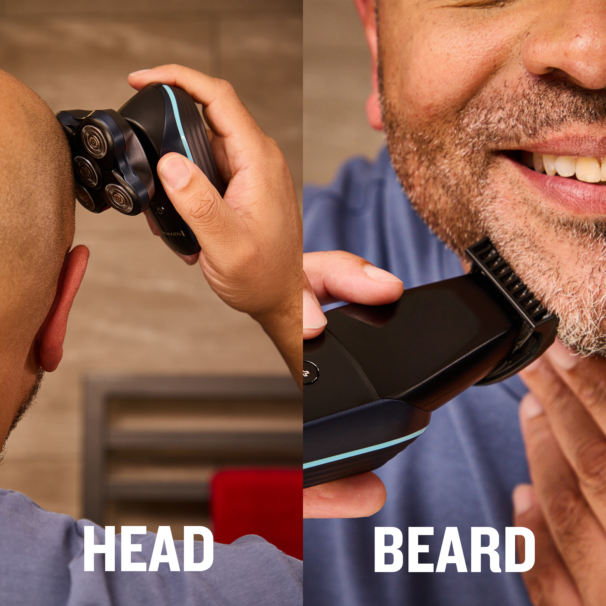 Split-screen showing a person using an electric shaver on their head and beard.
