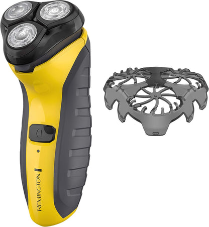 Yellow and black electric shaver with a detachable head on a white background