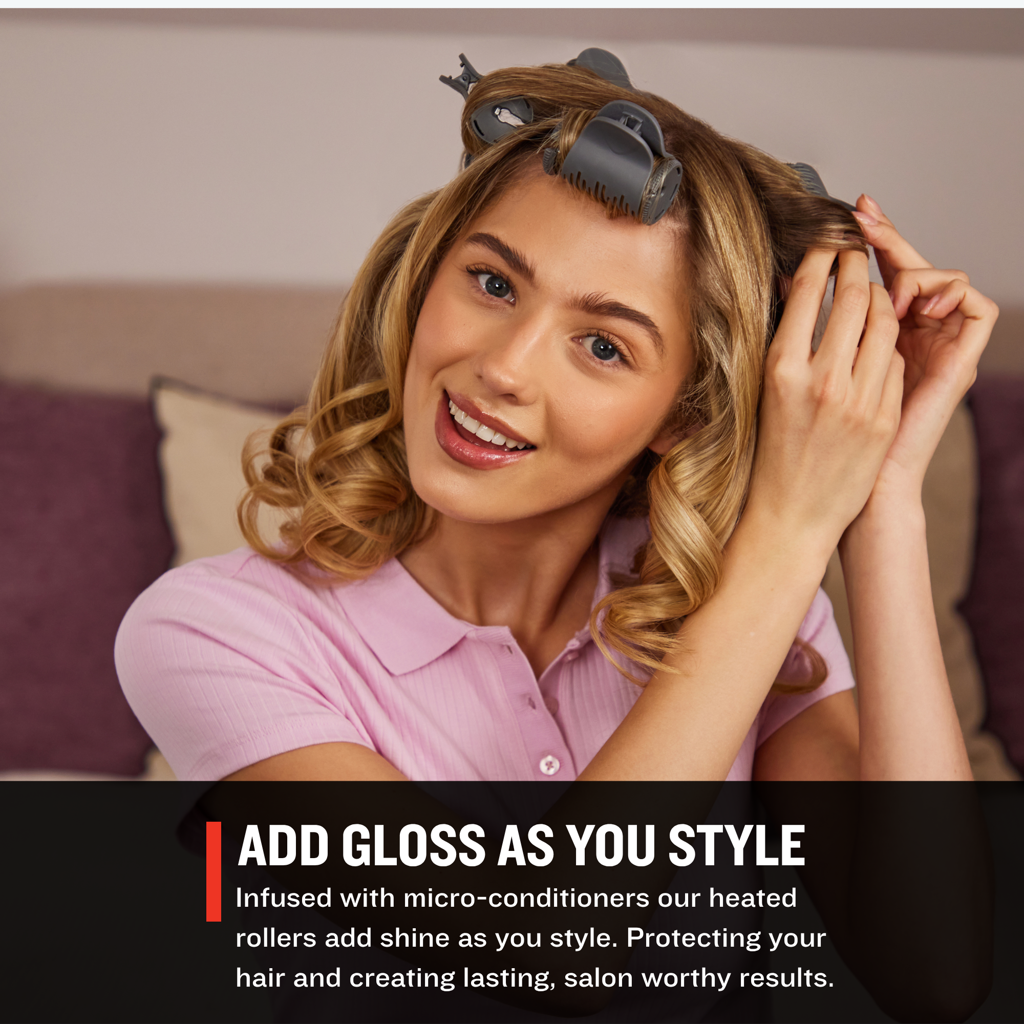 Woman using heated rollers to style her hair with a promotional text overlay.