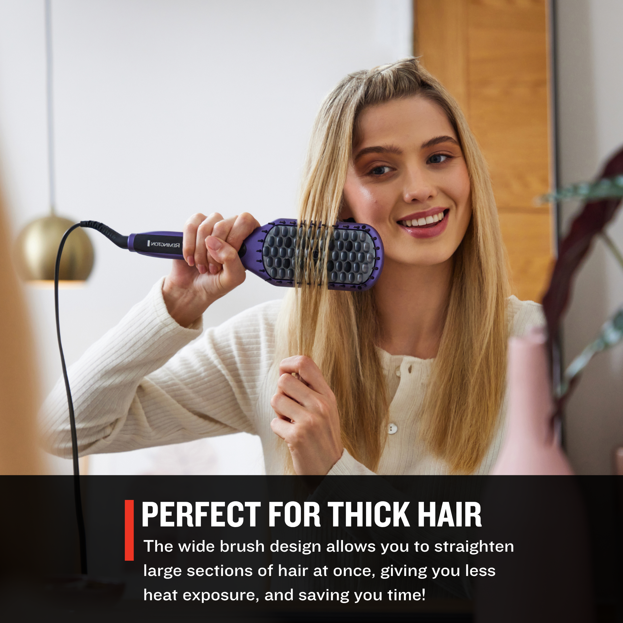 Woman using a CB9350US Gloss™ Straightening Brush with text highlighting its features