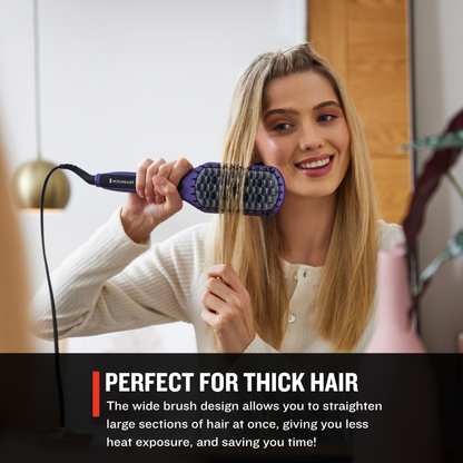Woman using a CB9350US Gloss™ Straightening Brush with text highlighting its features