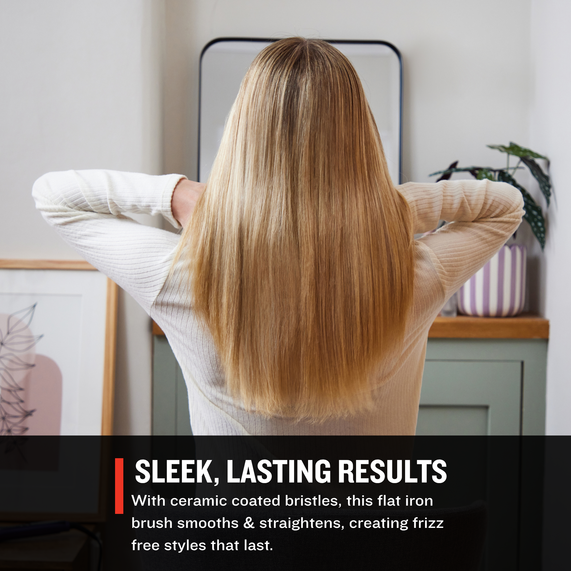 Person with long blonde hair standing in front of a mirror, text about flat iron brush benefits.