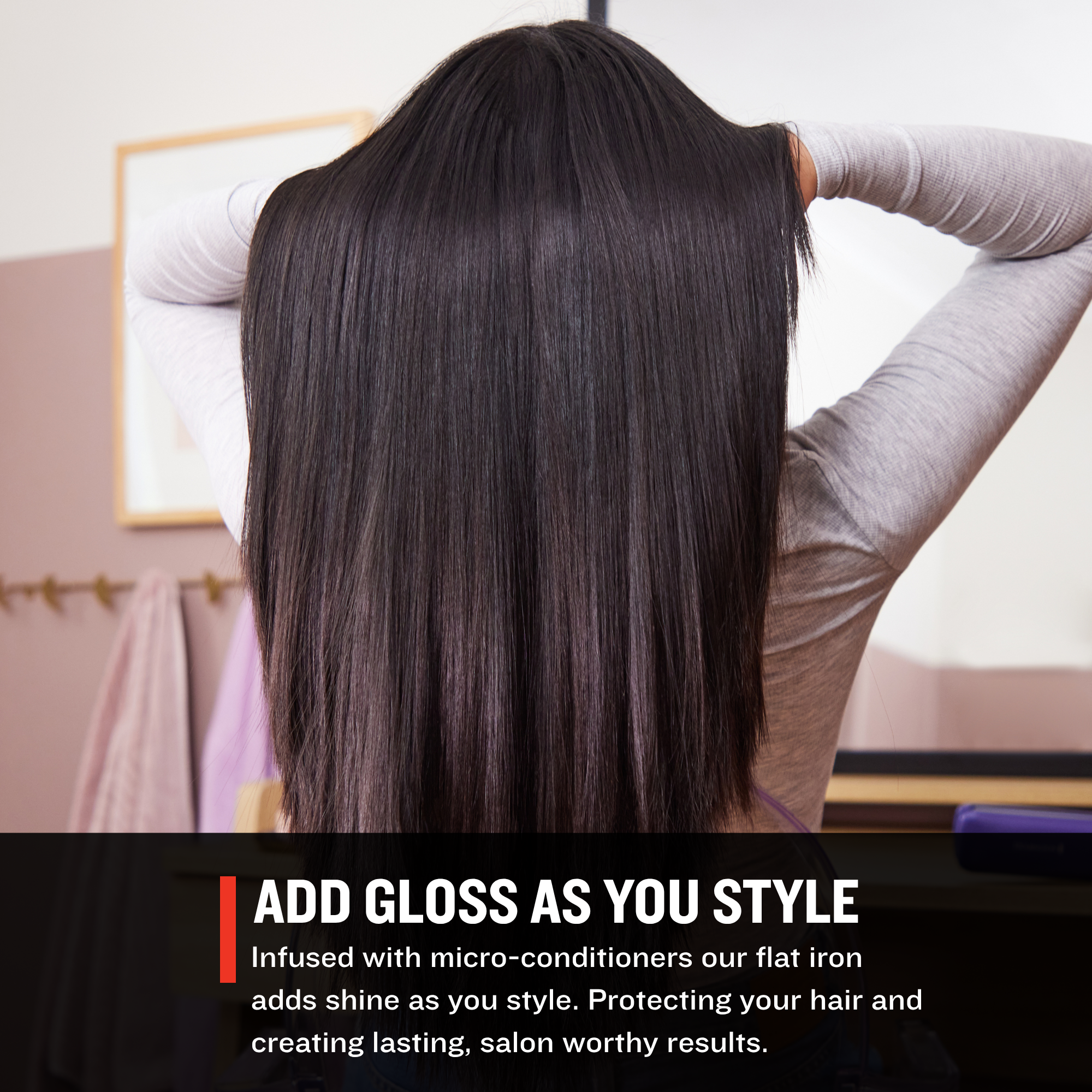 Person with long, straight hair in a bathroom setting, with text about a flat iron's benefits.