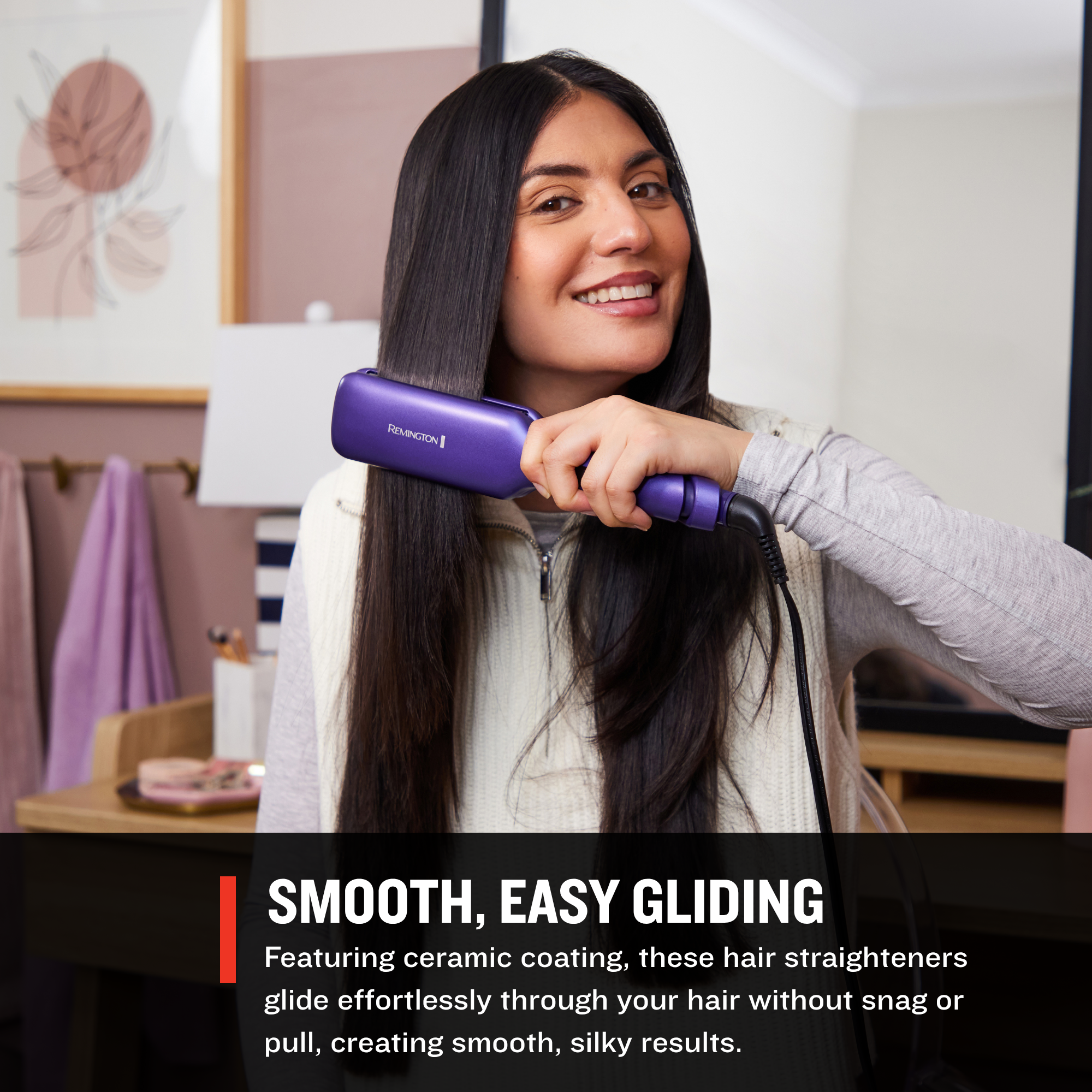 Woman using S9355US Gloss™ 2 in Flat Iron with text about smooth gliding.